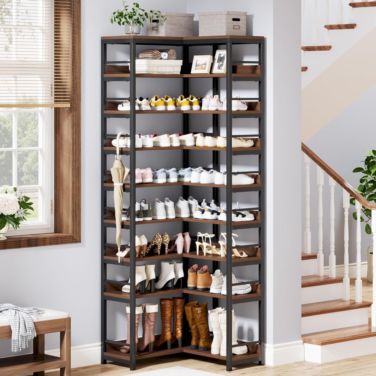 9 Tiers Corner Shoe Rack, Tall Shoe Rack Organizer, Large Shoe Storage Shelf for Entryway Hallway Closet, Rustic Brown - Image 2