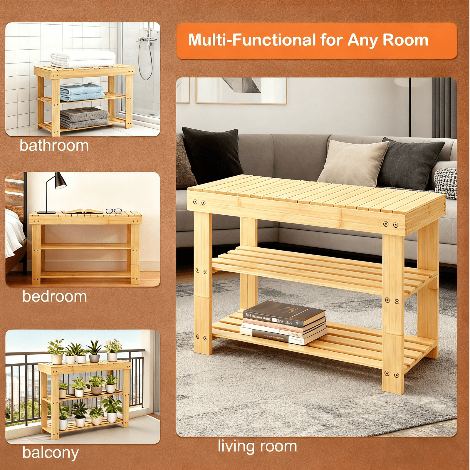 Bamboo Shoe Bench with Storage Shelf - Entryway Organizer with 286 lbs Weight Capacity, Wood - Image 3