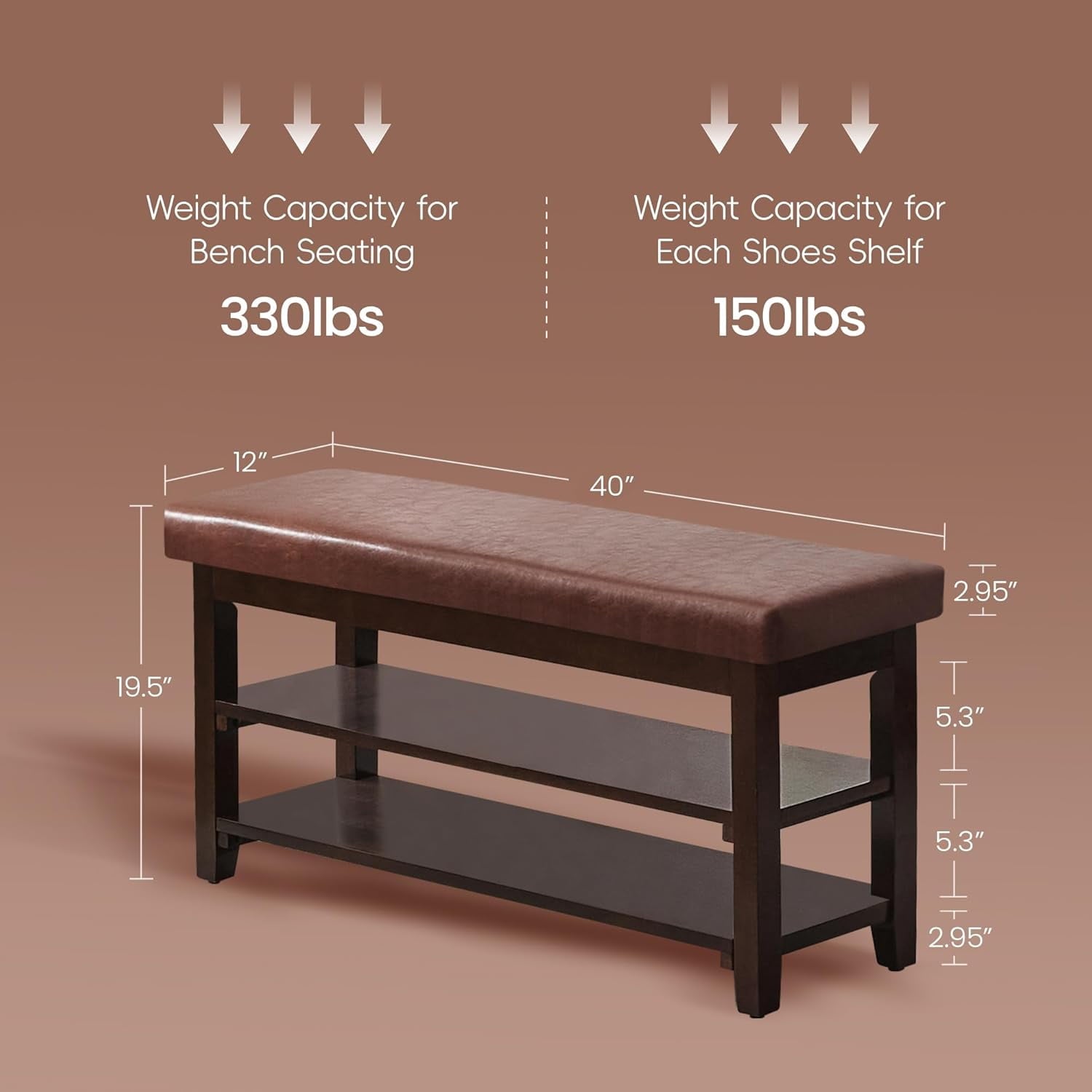 40" Shoe Storage Bench with Leather Cushion, 2-Tier Wooden Shoe Rack Organizer for Entryway, Mudroom, or Hallway, Dar... - Image 2