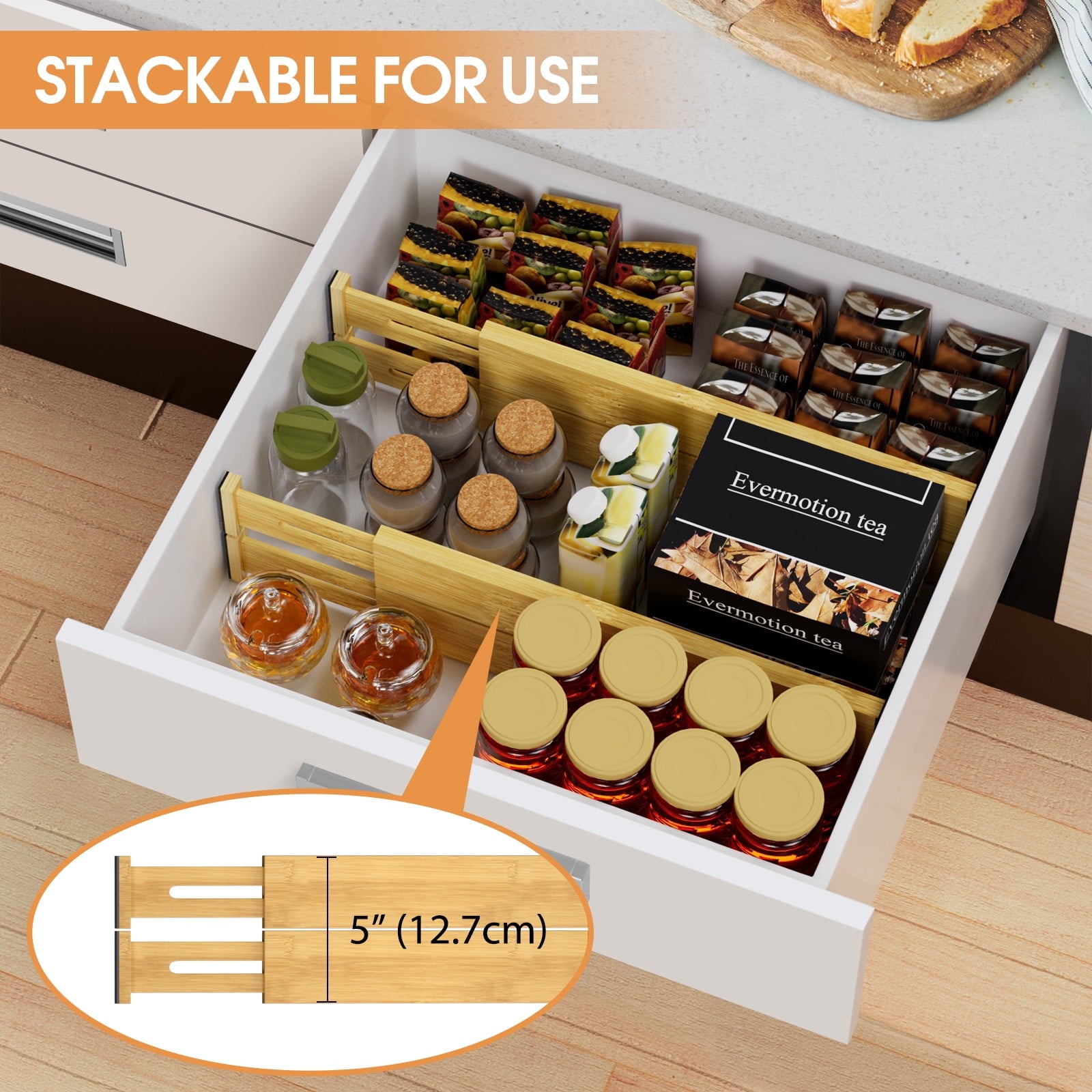 Bamboo Drawer Dividers,12-17" Adjustable Kitchen Drawer Organizer for Clothes,4 Pack Expandable Drawer Organization S... - Image 4