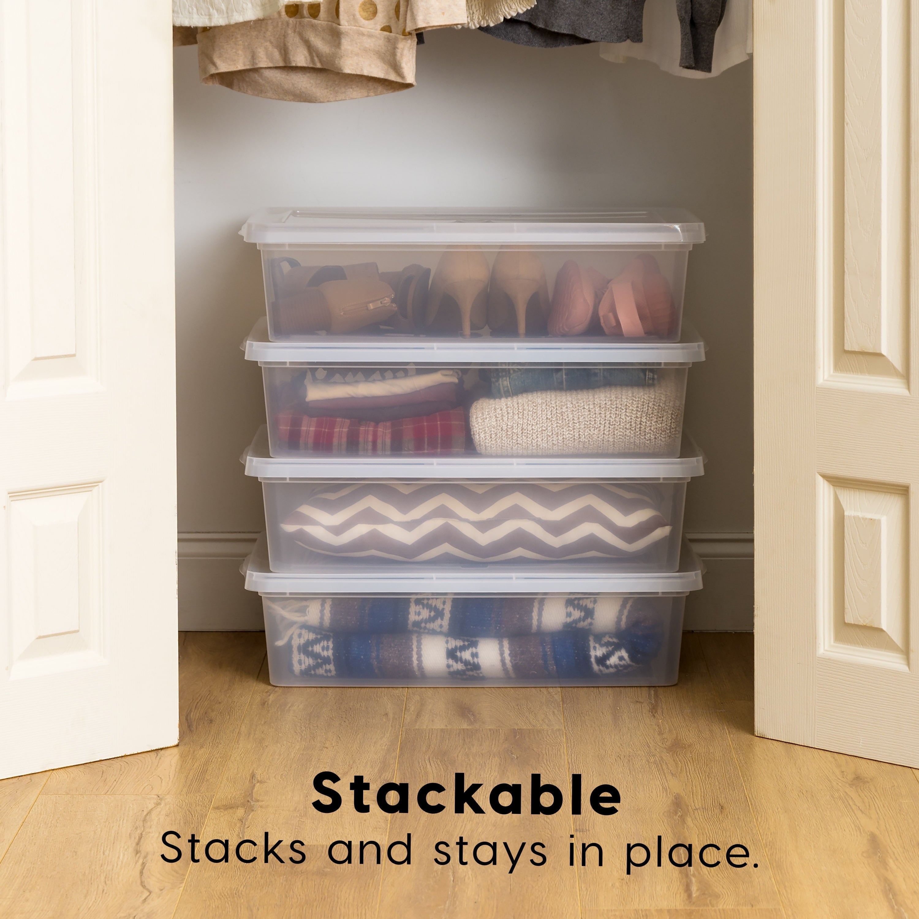 Stackable PP Resin 28 Qt Plastic Underbed Storage Bins, Clear, 4 Count Pack - Image 3