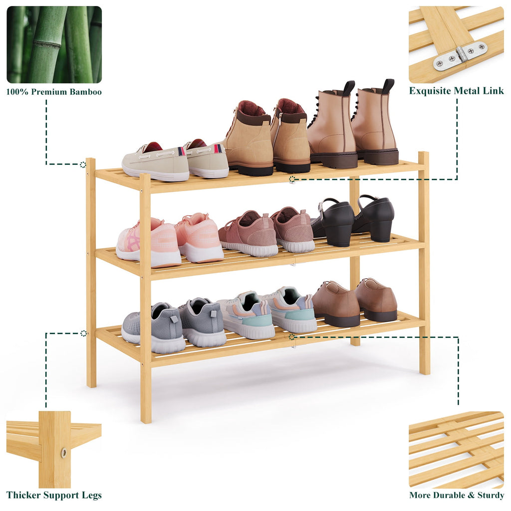 3-Tier Shoe Rack , Stackable Bamboo Shoe Rack Organizer, Shoe Storage for Closet, Entryway, Bedroom and Wall, Natural - Image 3