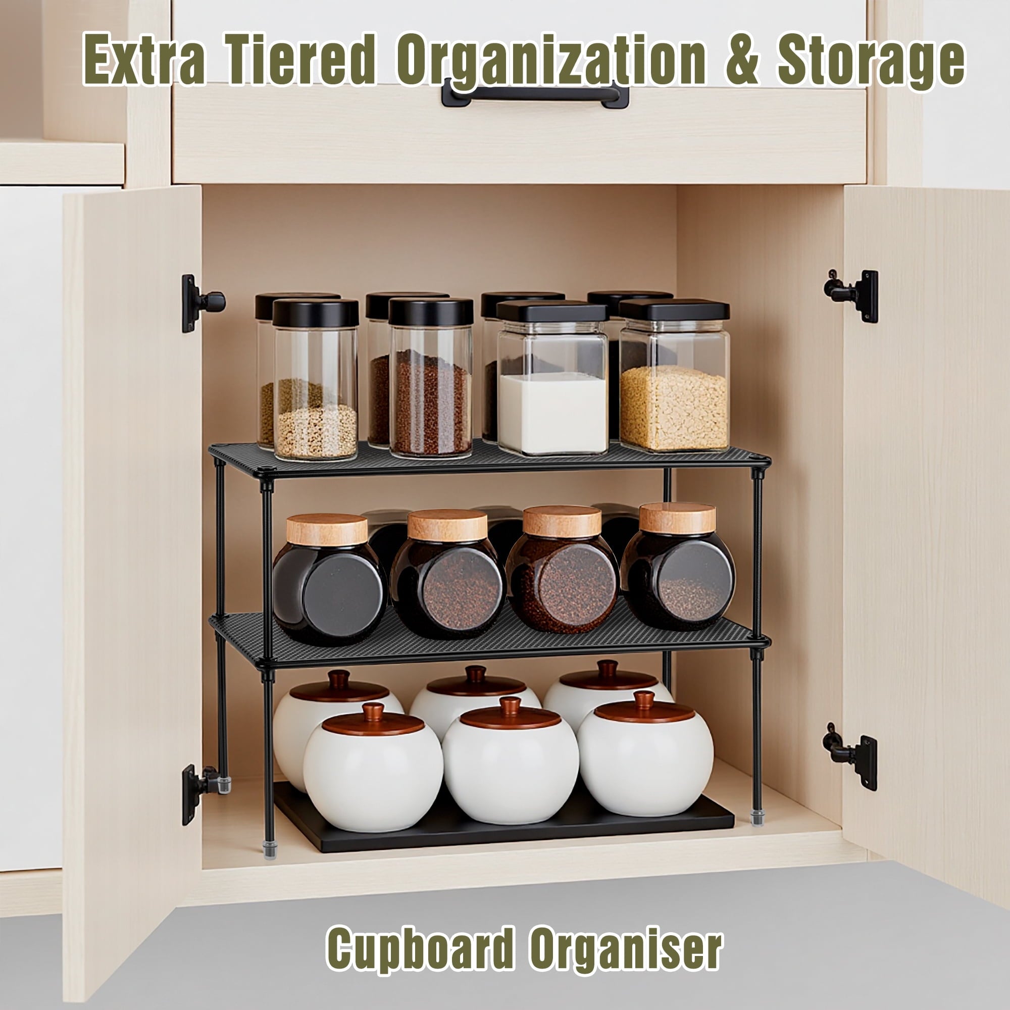 Cabinet Organizers Shelf, Kitchen Stackable Storage Rack for Spice, Plate, Black, 2 Count - Image 2