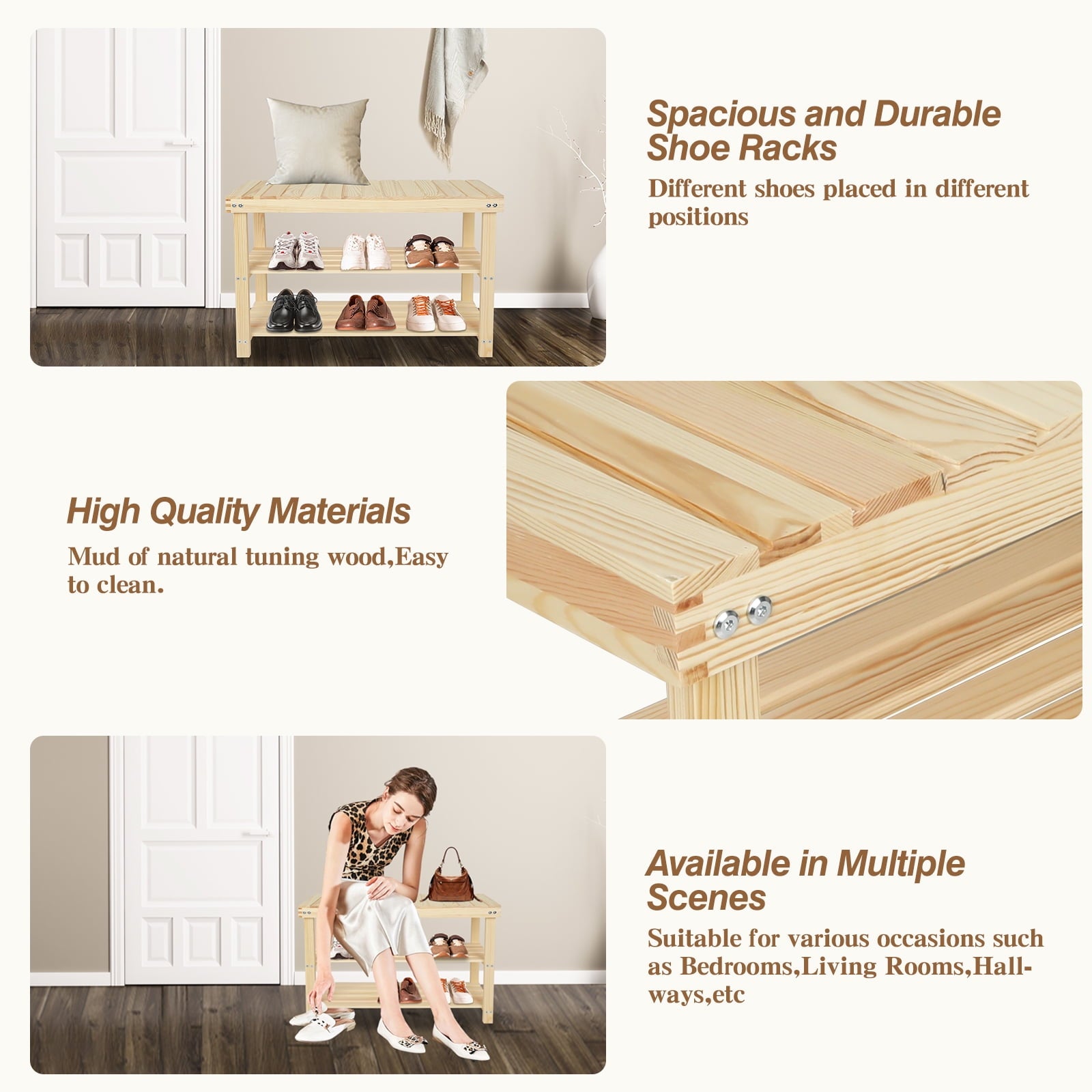 27.5" Solid Wood Shoe Bench, 3-Tier Shoe Organizer for Entryway Hallway - Wood Color - Image 5