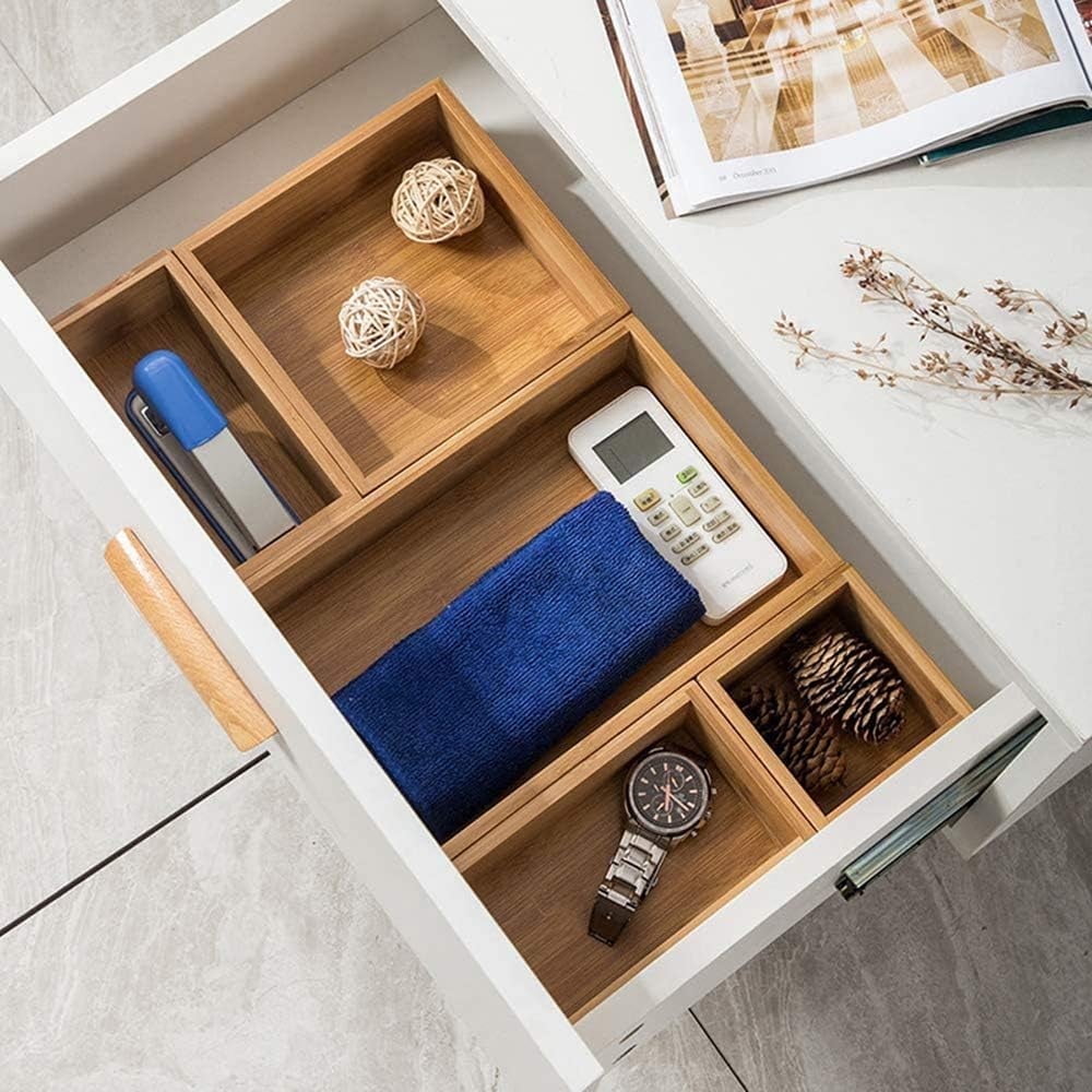 Bamboo Drawer Organizer with Adjustable Wood 2 Drawer Dividers, Stackable Makeup Desk Junk Storage Boxes Container Tr...