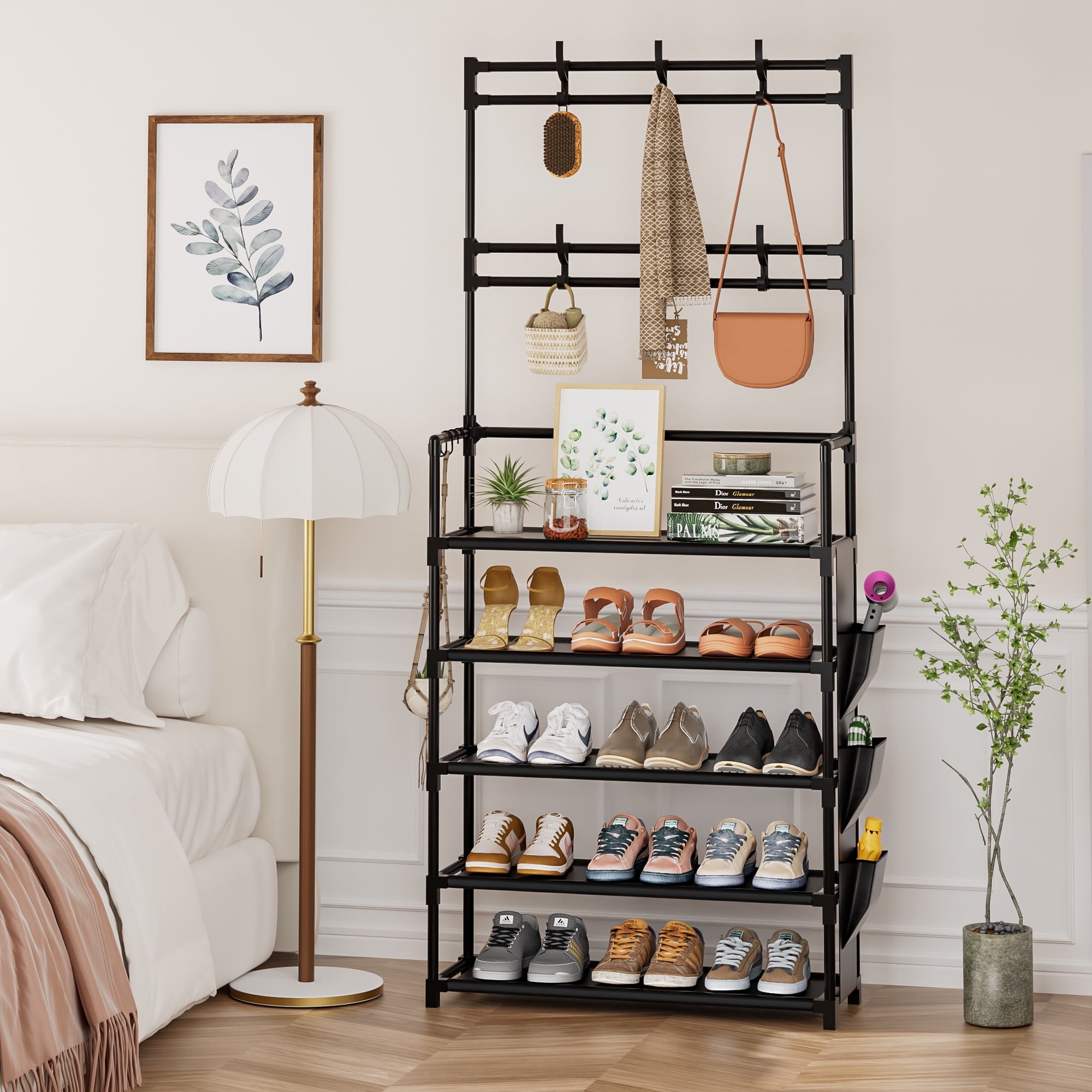 5 Rack with Hooks and Side Pocket Storage 15-20 Pairs Rack for Closet Entrance Rack Organizer Entryway Holder Space S...