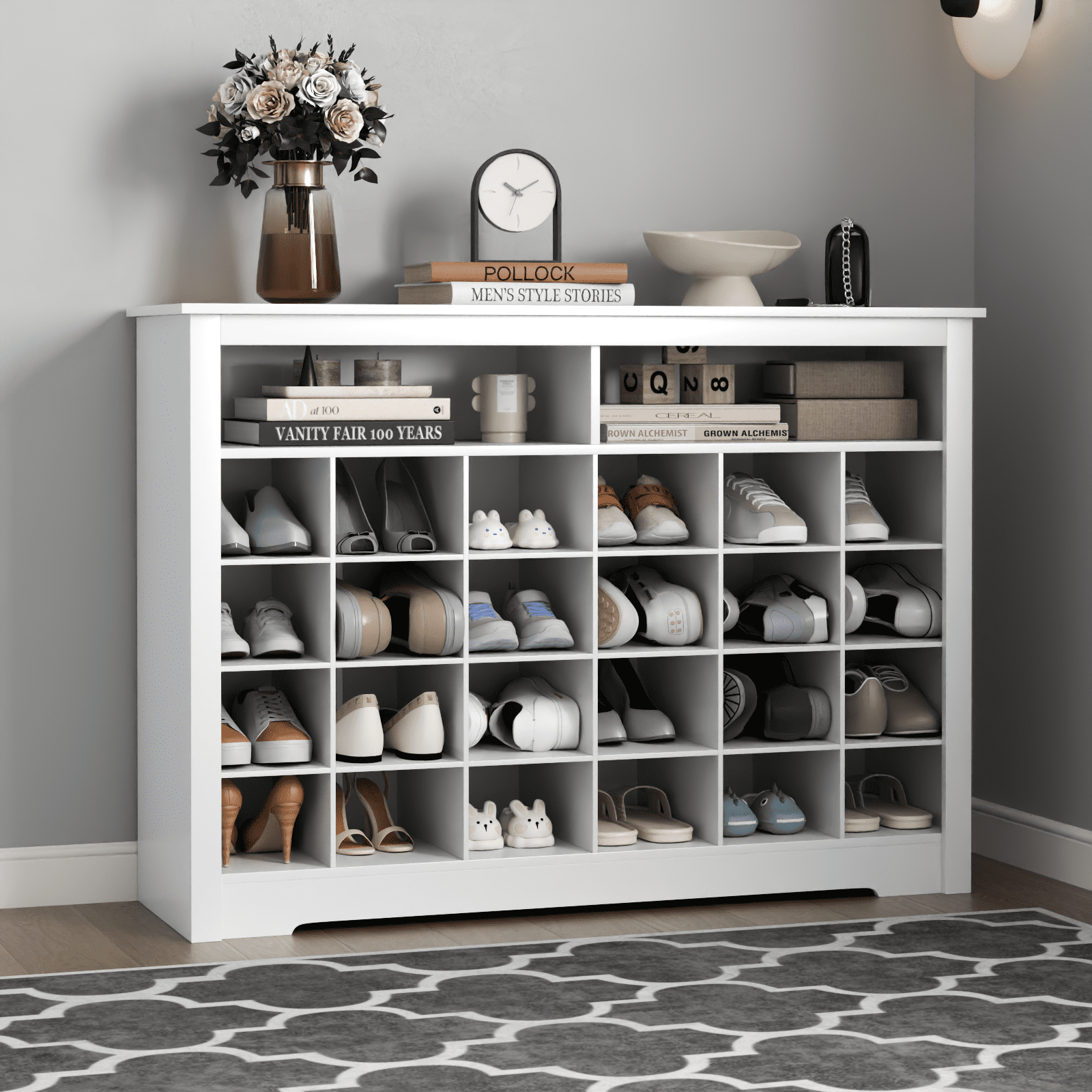 5-Tier Shoe Storage Cabinet, White Freestanding Shoe Rack with 26 Cubbies, Modern Wooden Shoe Organizer with 24 Pair Shoe for Entryway, Clos