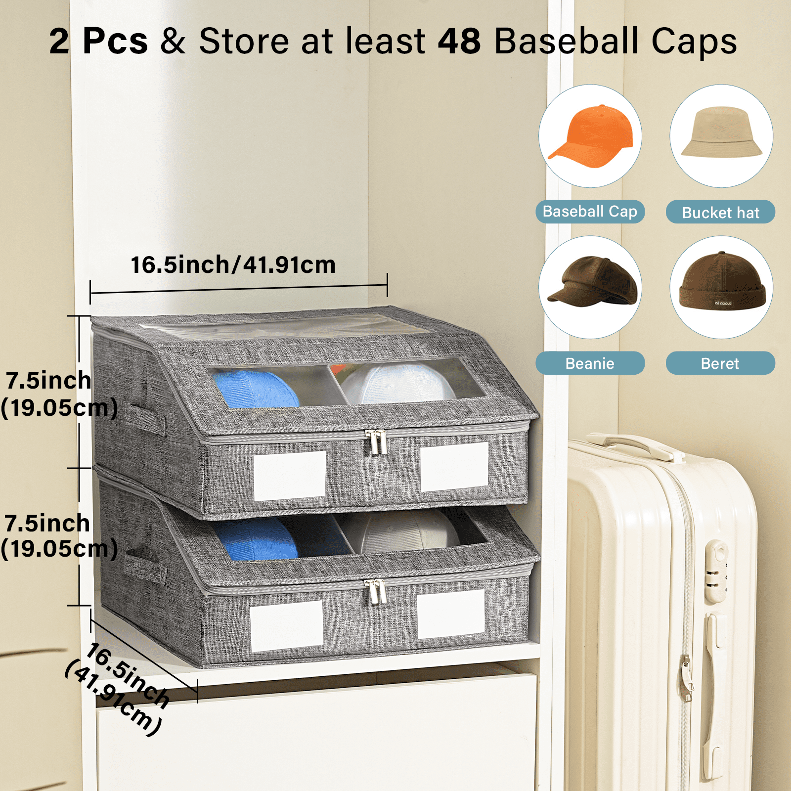 2-in-1 Hat Storage for Baseball Caps Holds 48 Caps Hat Organizer Stackable Hats Holder for Closet with Clear lid Cowb... - Image 2