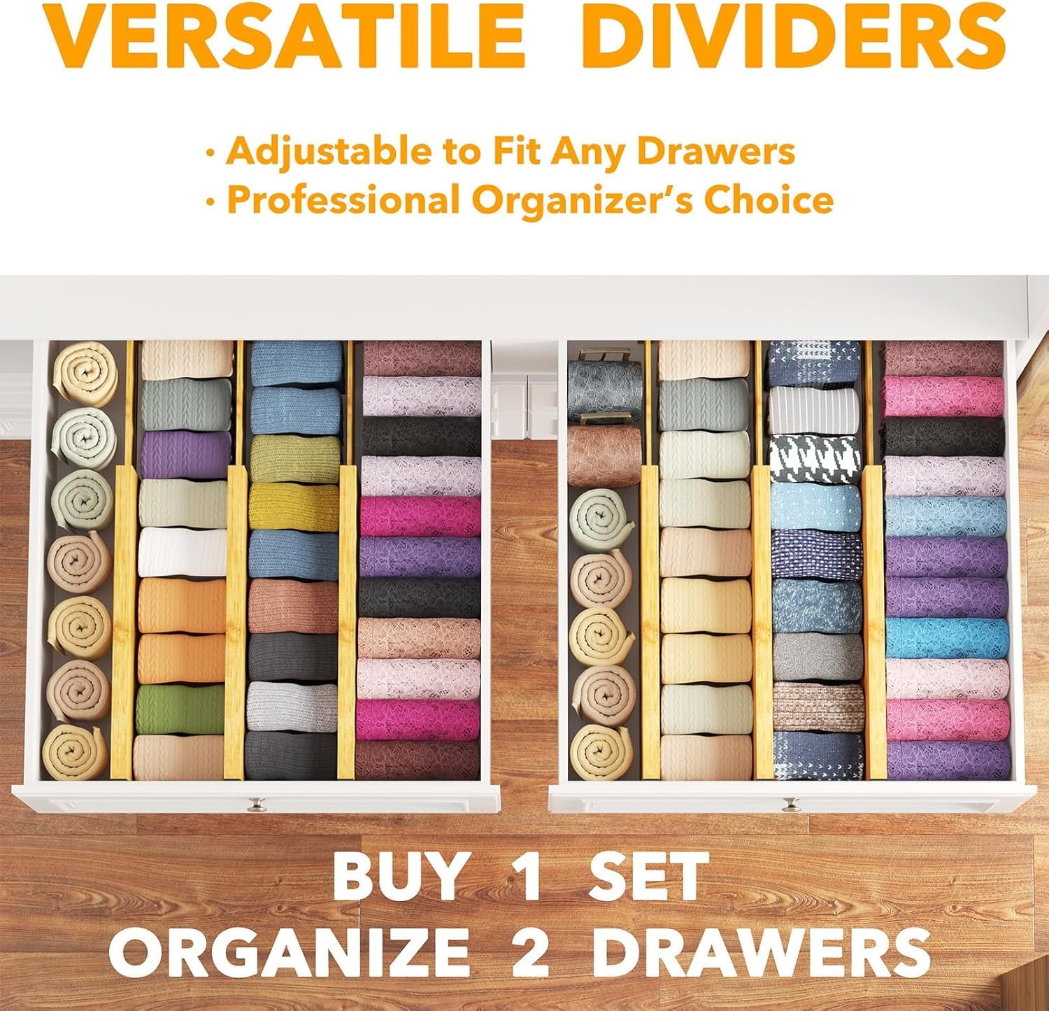 Bamboo Dresser Drawer Dividers 6 Pack, 4.65“ High Adjustable 12.5“-17” Drawer Organizers for Clothing - Image 2