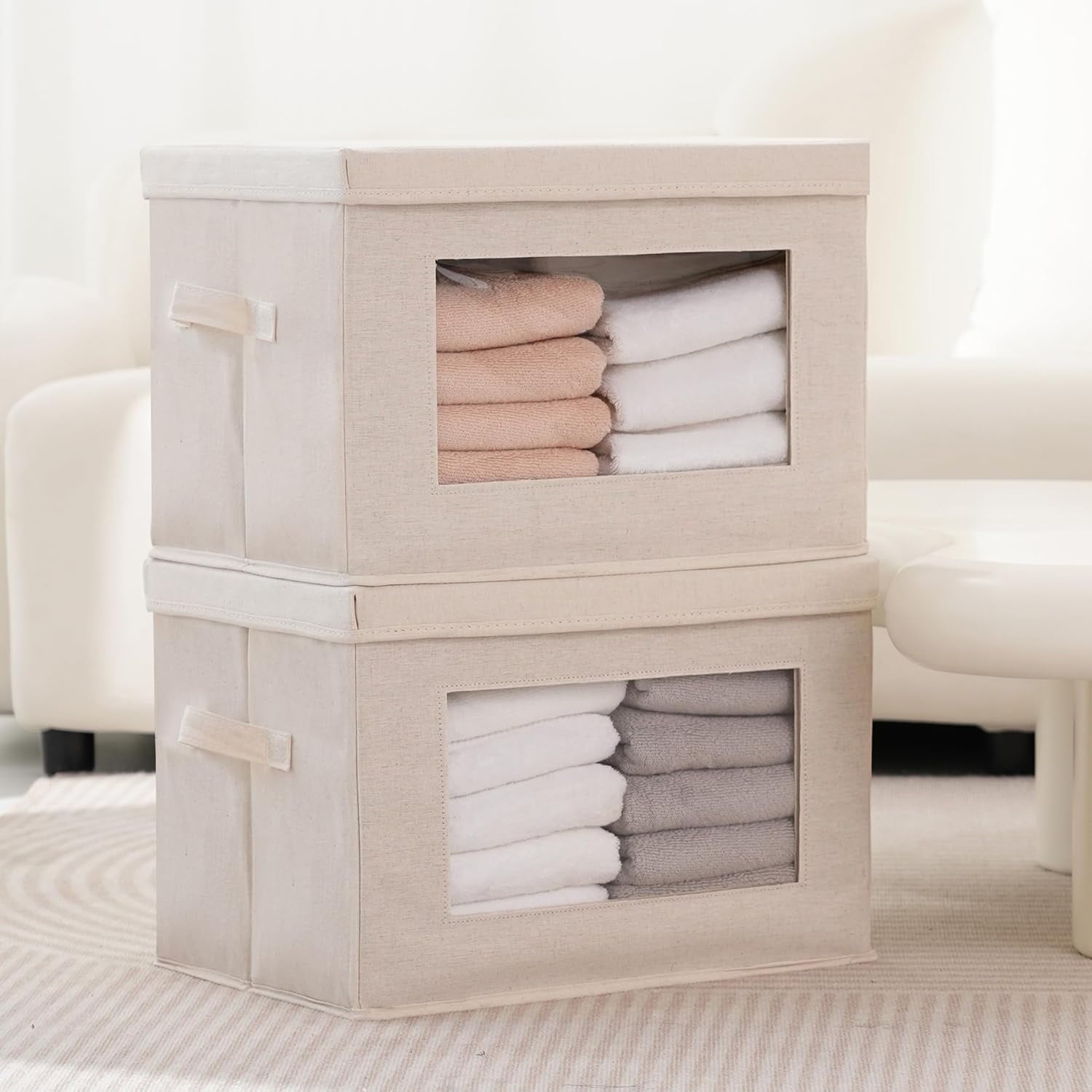 Citylife Collapsible Fabric Storage Bin With Handle Lid Large Foldable Box Basket For Closet 15"×9.8"×9.8" 3 Pack Beige - Image 3