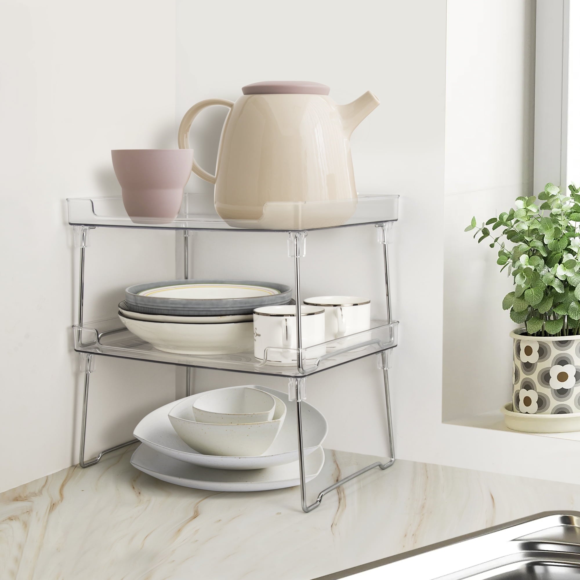 Cabinet Organizers Shelf, Pantry Storage Shelf with Raised Edges and Foldable Legs, Clear - Image 5