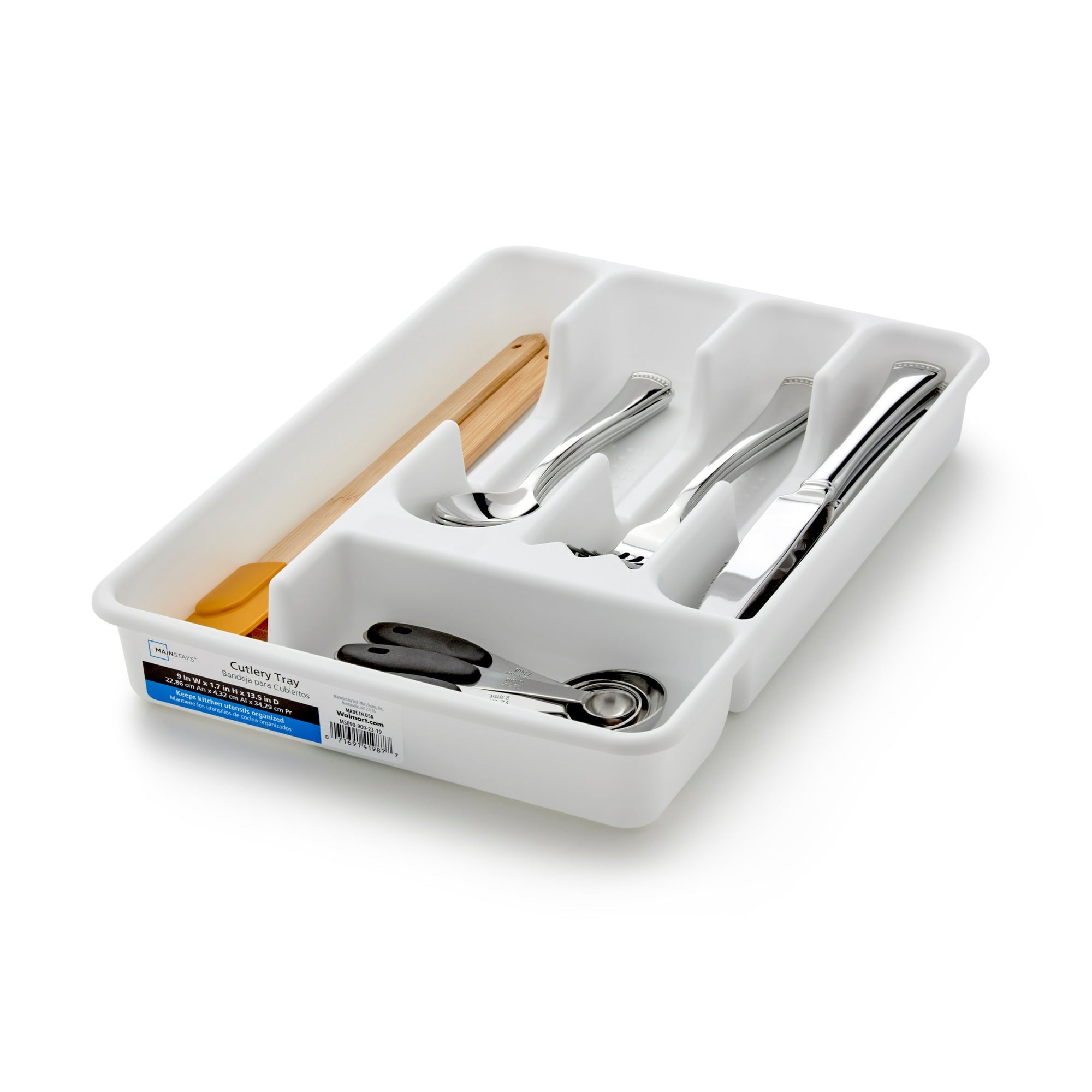 Mainstays Plastic 5-Compartment Kitchen Drawer Organizer Tray, Silverware and Utensil Organizer for Cutlery and Flatware Storage, White, 9" - Image 3