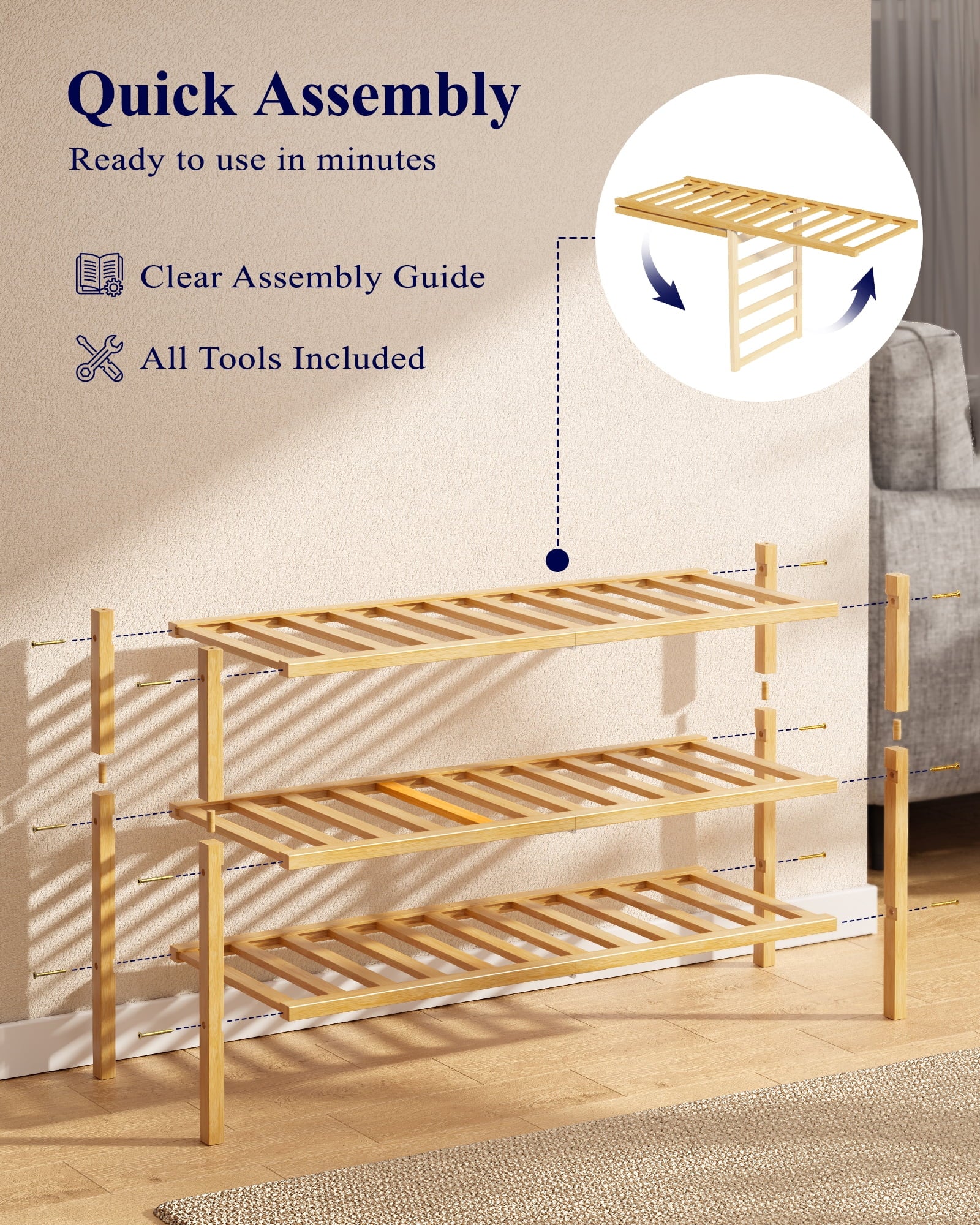 Kitsure Bamboo Wooden Shoe Rack for Closet - Stackable Shoe Organizer with Modular Structure, Space-Saving Shoe Shelf for Entryway, Living R - Image 5