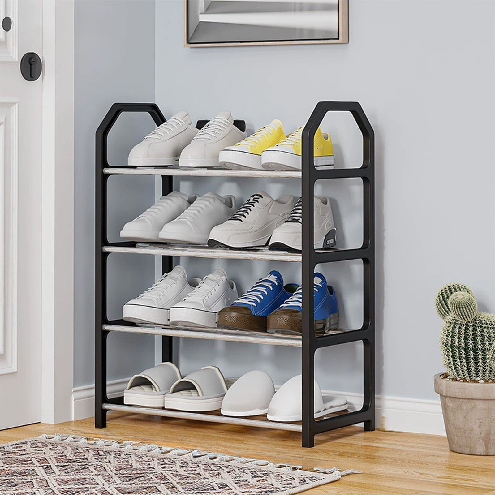 4-Tier Entryway Shoe Rack with Handrail - Compact Small Shoe Storage Organizer for Home Doorway & Entry Hall ( Black ) - Image 5