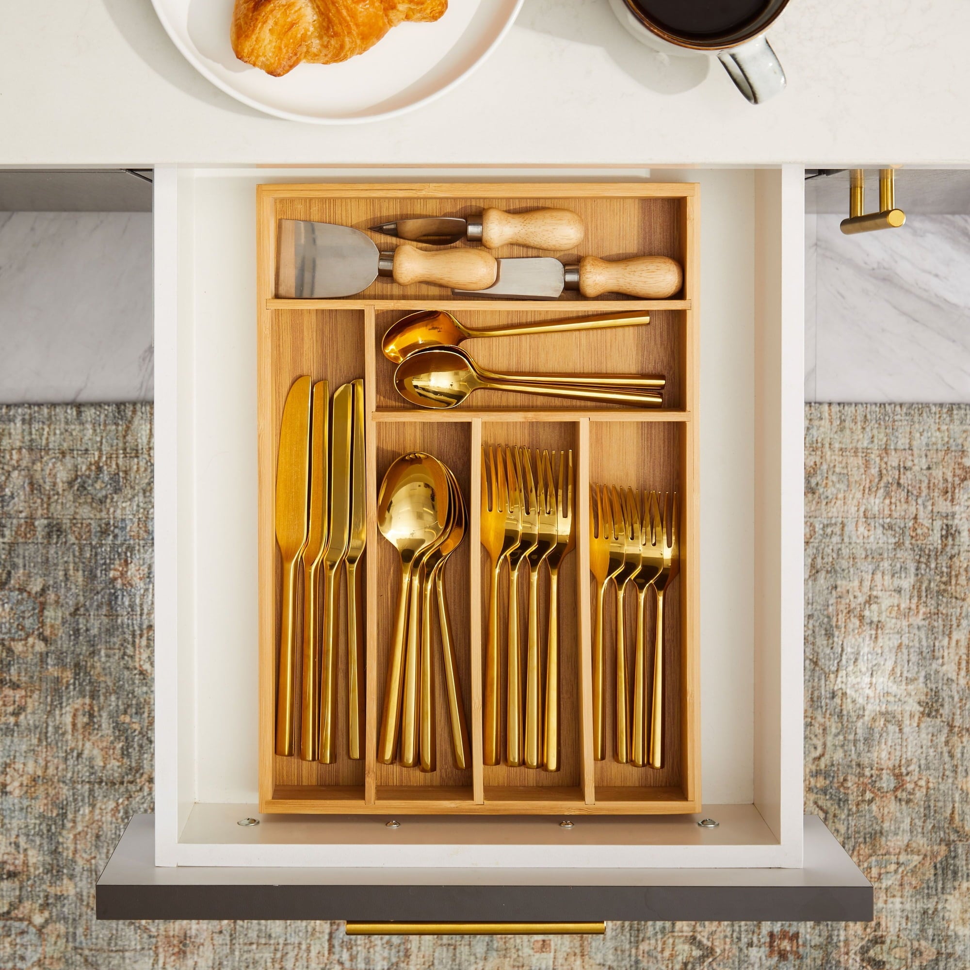 Bamboo Silverware Drawer Organizer with 6 Slots, Wooden Cutlery Tray Holder for Kitchen, Flatware, Utensils, 14.5 x 10.25 x 1.75 In - Image 4