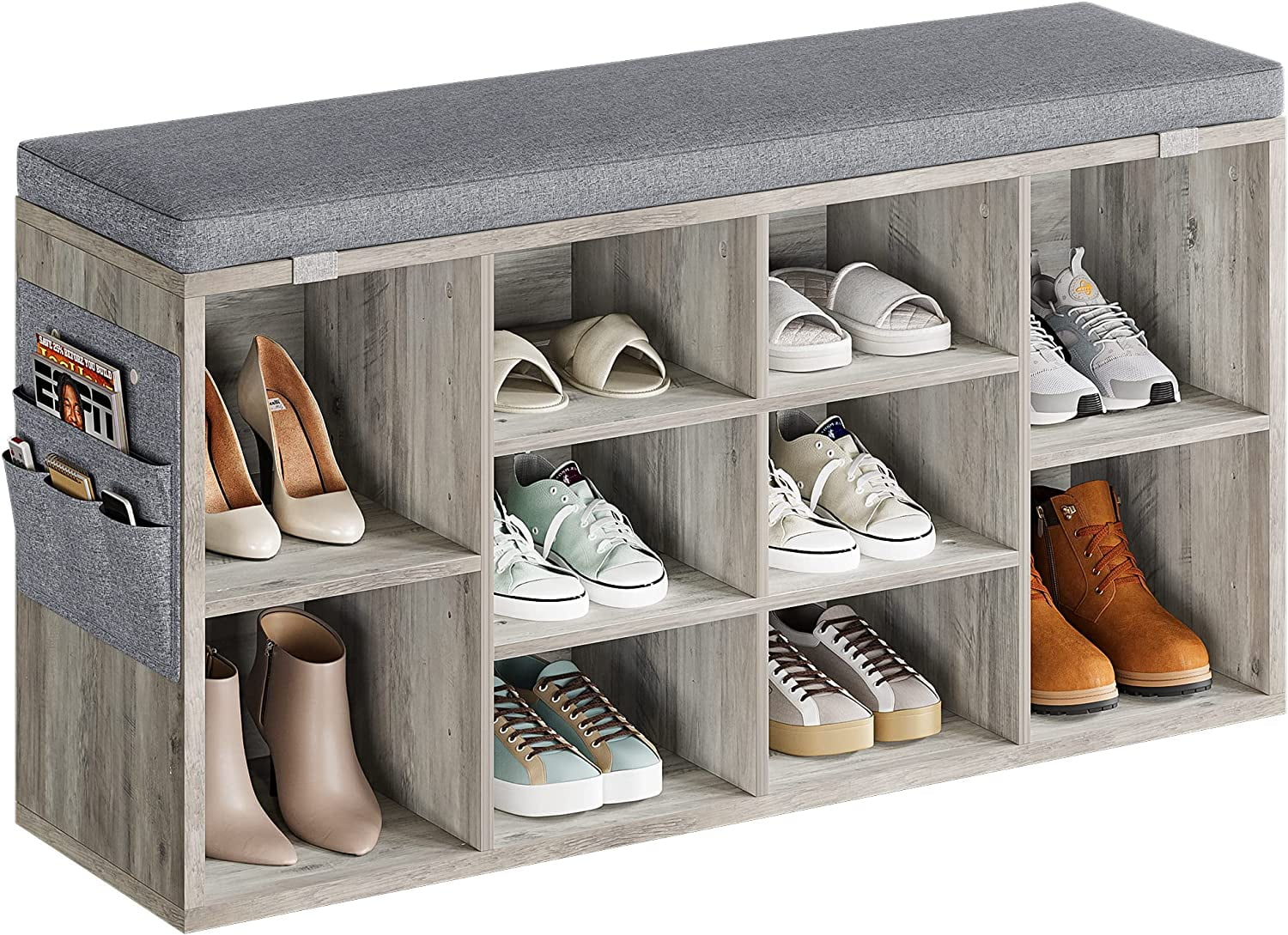 41" Bench with Padded Seat, 10 Cubes, Adjustable Shelves & Side Pockets, Entryway Organizer, Gray - Image 2
