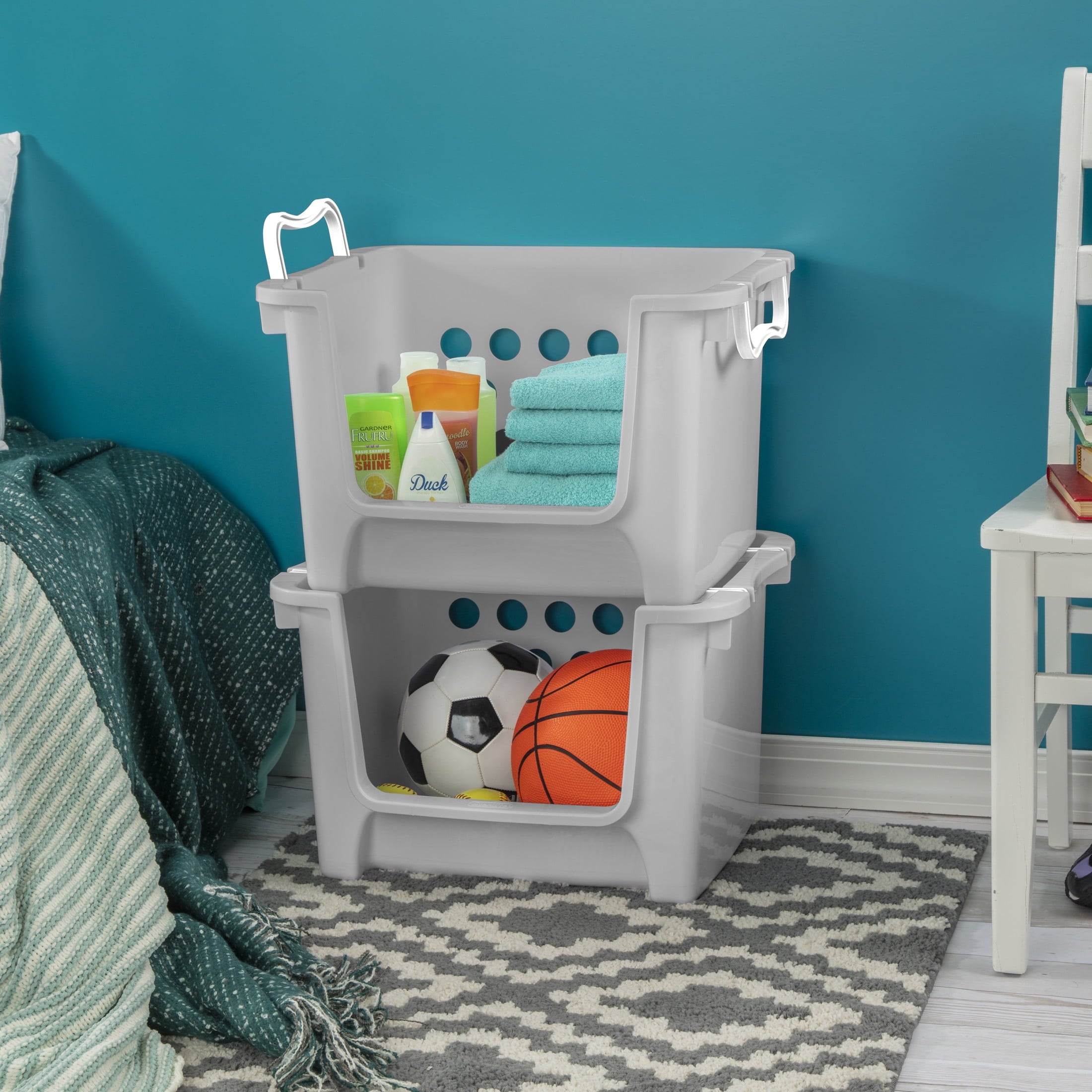 Kids Grey Open Front Stacking Toy Storage Bin with Handles, Grey - Image 2