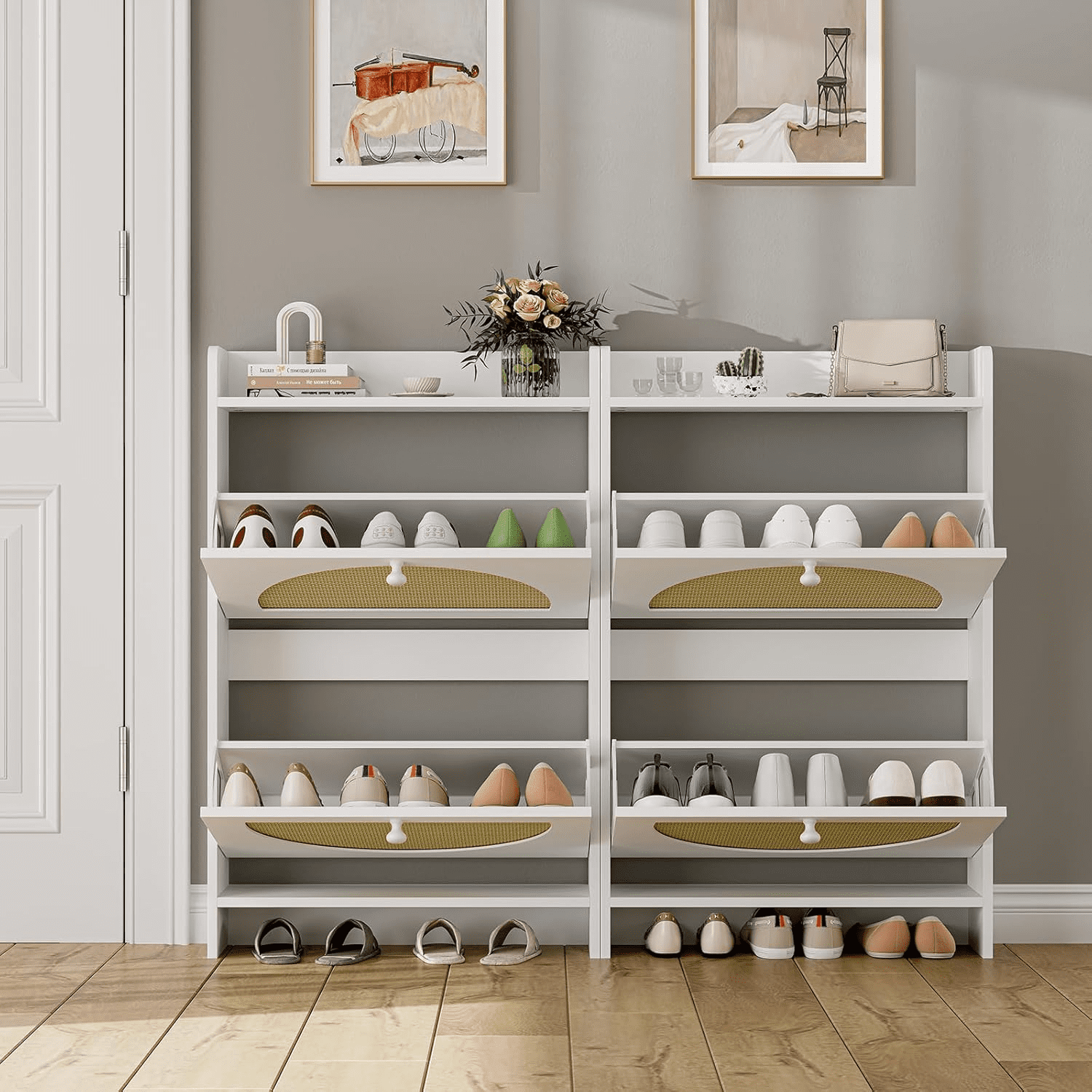 with 2 Flip Drawers, Rattan Door Storage Organizer for Entryway, Free-Standing , White - Image 3