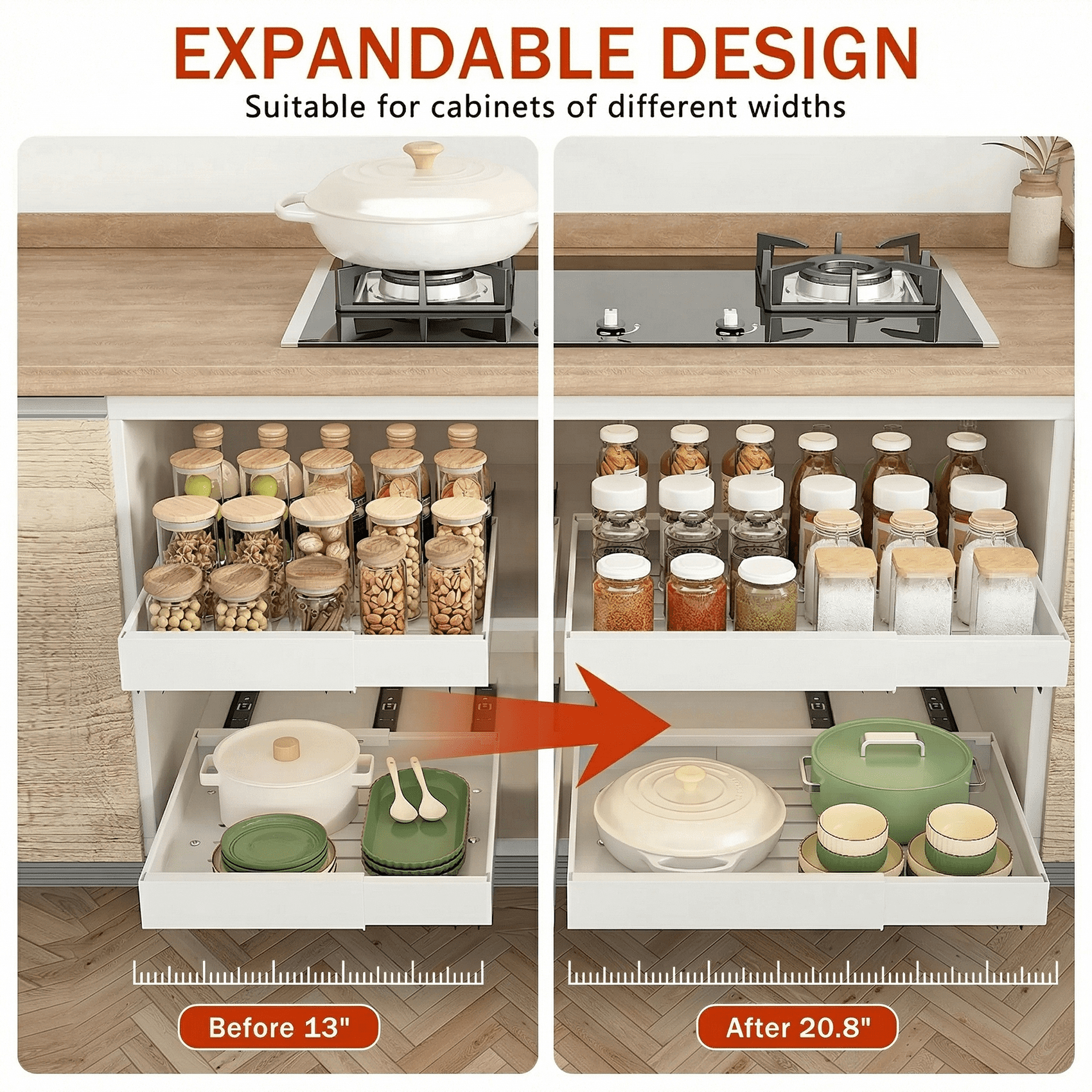 Acztne Pull Out Cabinet Organizer Expandable (13''-19''), 21" Deep Heavy Duty Slide Out Drawers for Kitchen, Pantry, Bathroom, Under Sink St - Image 5