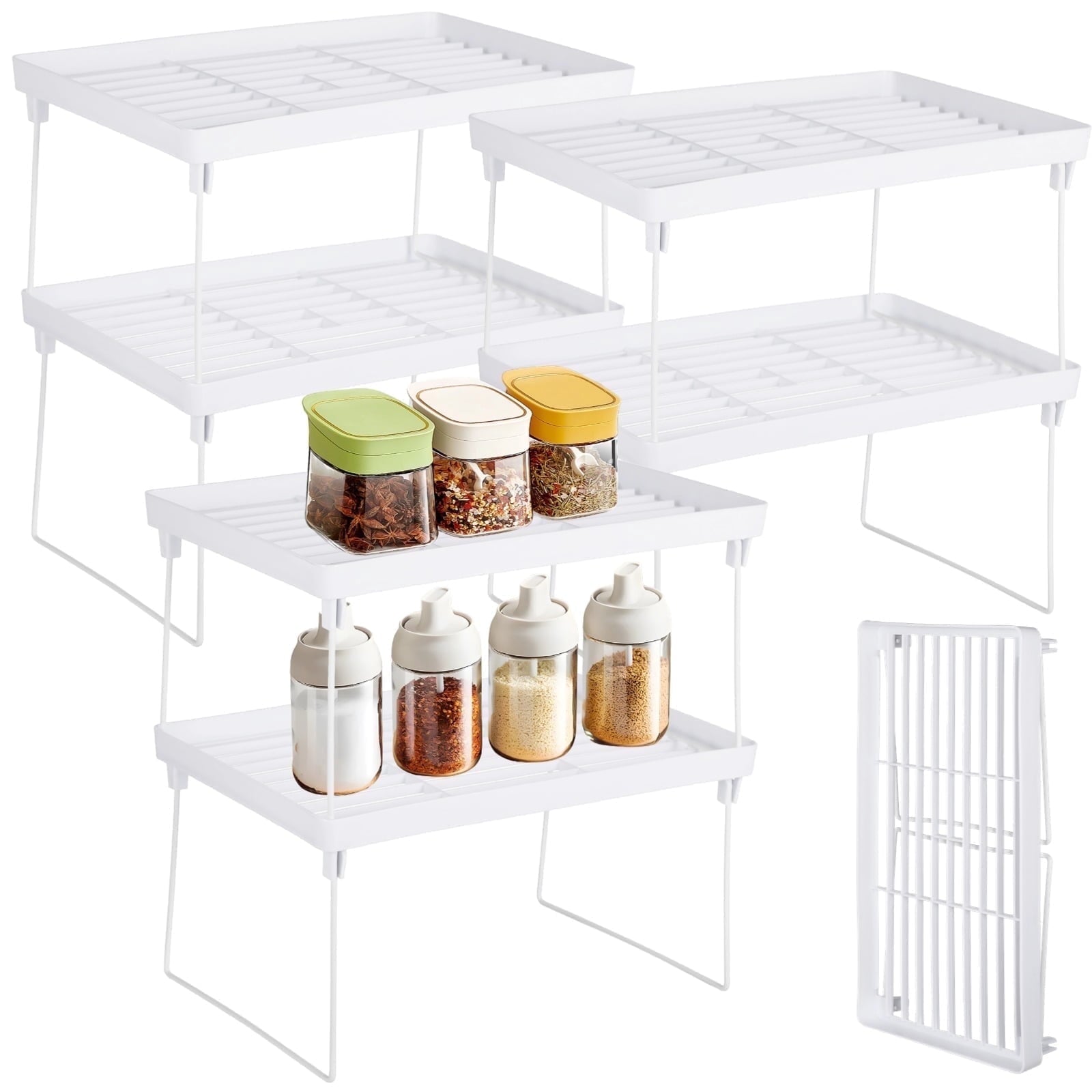 6 Pcs Foldable Organizer Shelf - 6-Tier Stackable Kitchen Rack, Organizer Shelf, White Plastic Breathable Grid with M...