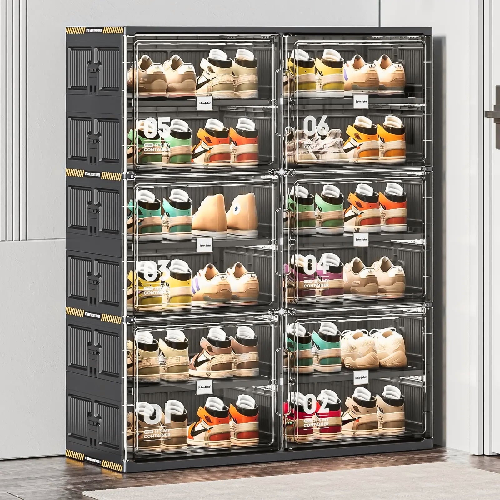 6 24 Pairs Hard Plastic Shoe Storage Organizer Cabinet for Entryway, Large Stackable Collapsible Sneaker Shoe Box Org...