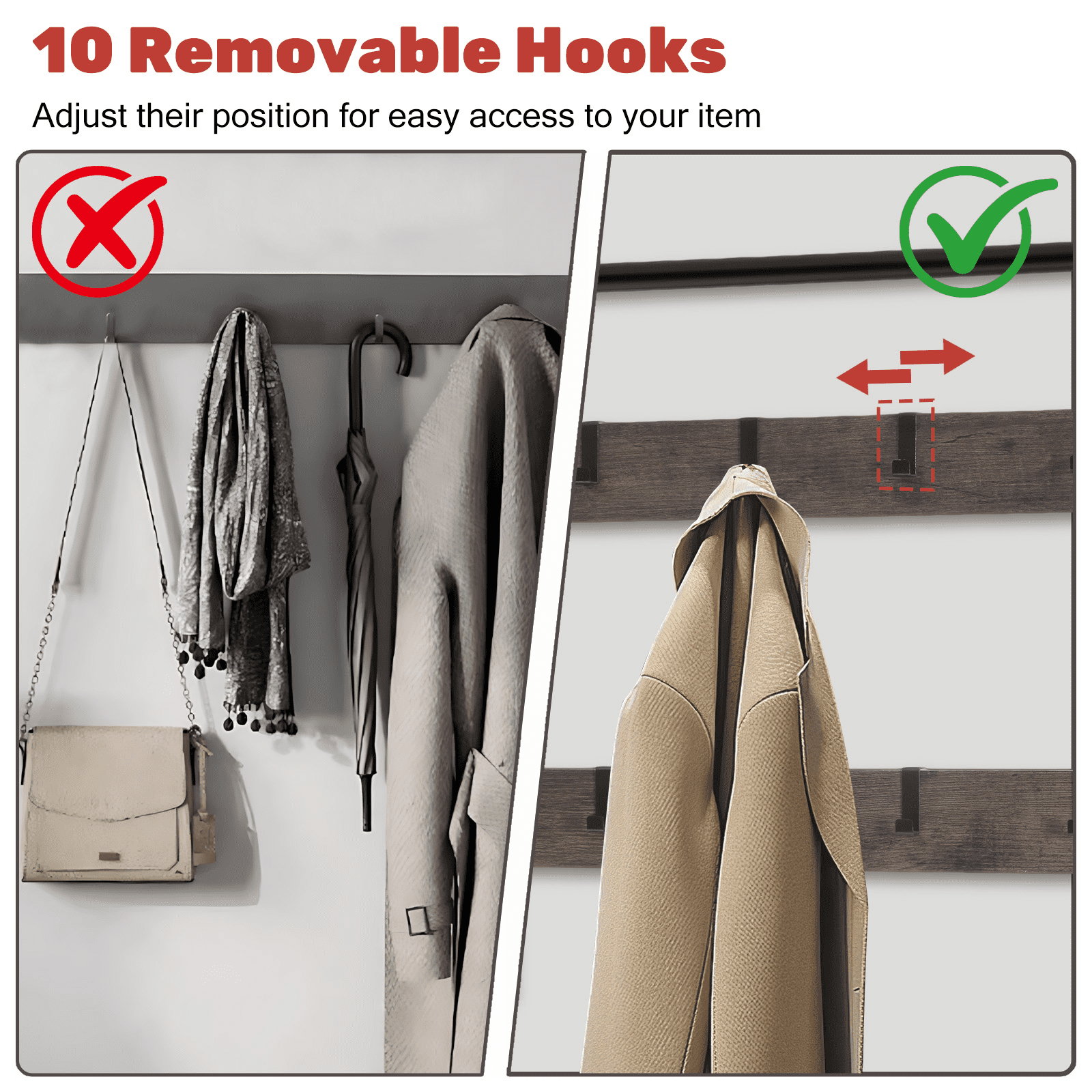 ZIVACATE Coat Rack, Hall Tree with Shoe Storage Bench, Entryway Bench with Shoe Storage, 4-in-1, Steel Frame, for Entryway, 28.35 x 13.27 x - Image 5