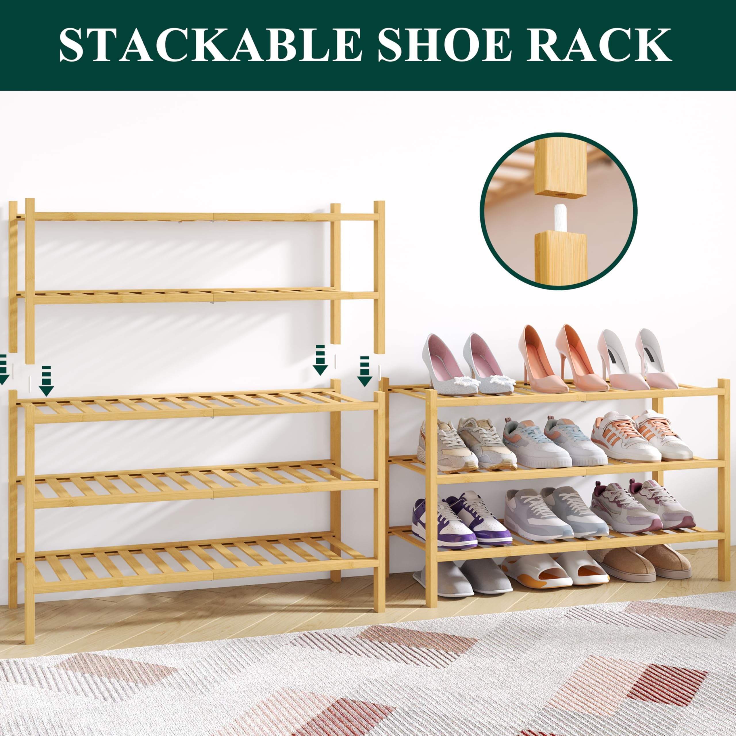 Bamboo 3 Tier Shoe Rack for Closet, Shoe Storage Organizer, Wood Shoe Shelf for Entryway, Natural - Image 4