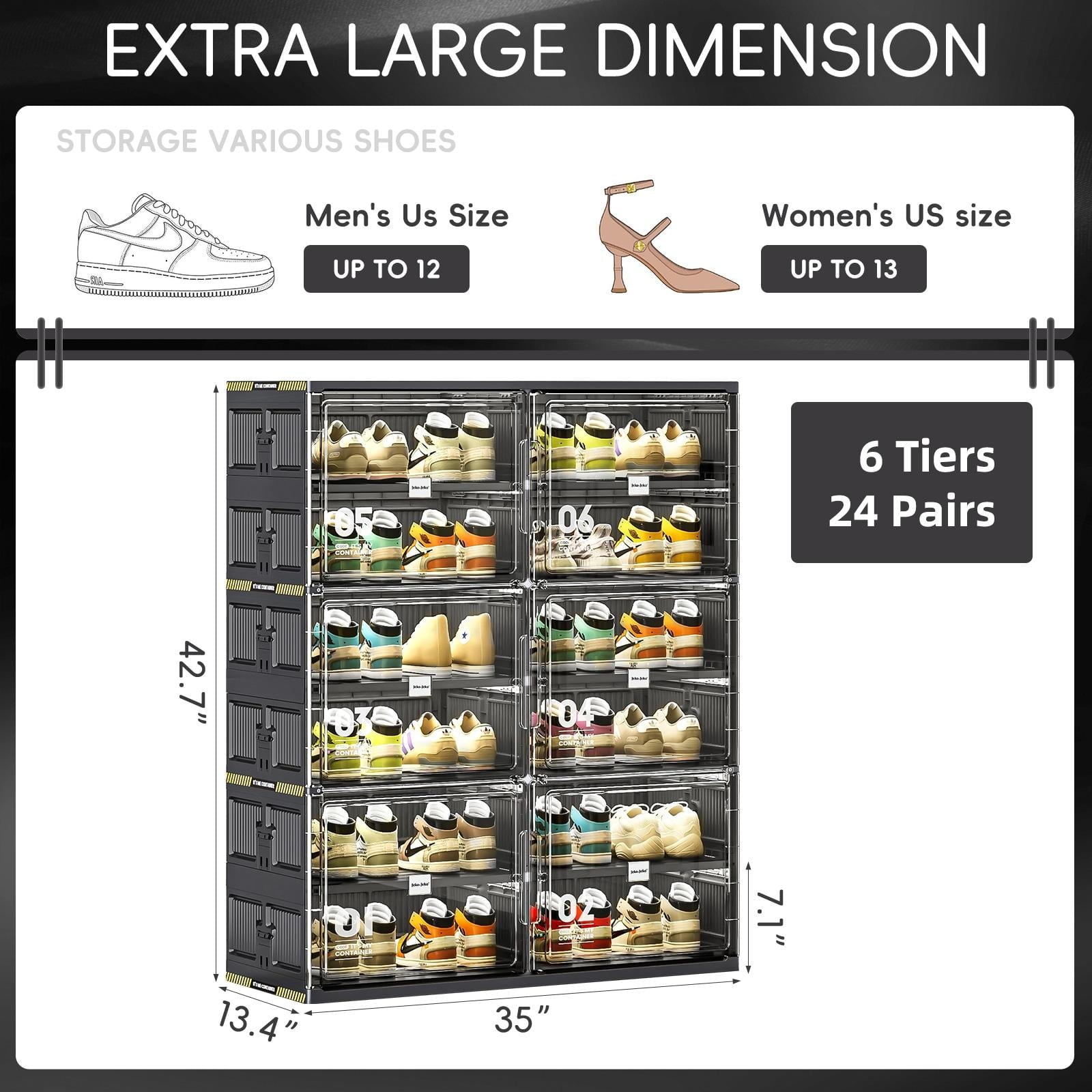 6 24 Pairs Hard Plastic Shoe Storage Organizer Cabinet for Entryway, Large Stackable Collapsible Sneaker Shoe Box Org... - Image 4