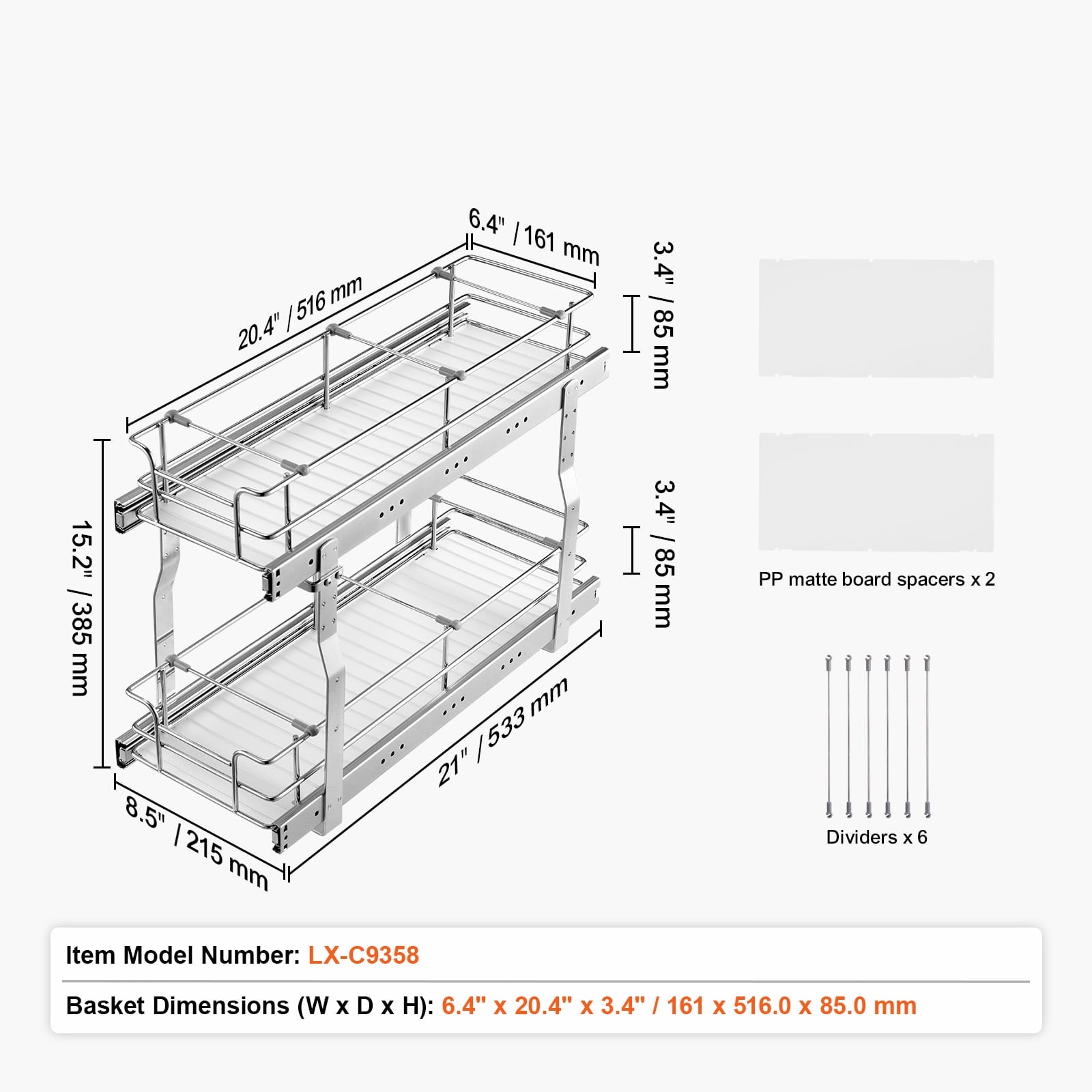 KFFKFF 8.5"Wx21"Dx15"H Pull-Out Cabinet Organizer, Durable Slide-Out Pantry Shelves, Steel Sliding Storage Drawers for Home Use, Fits 10"Wx2 - Image 2