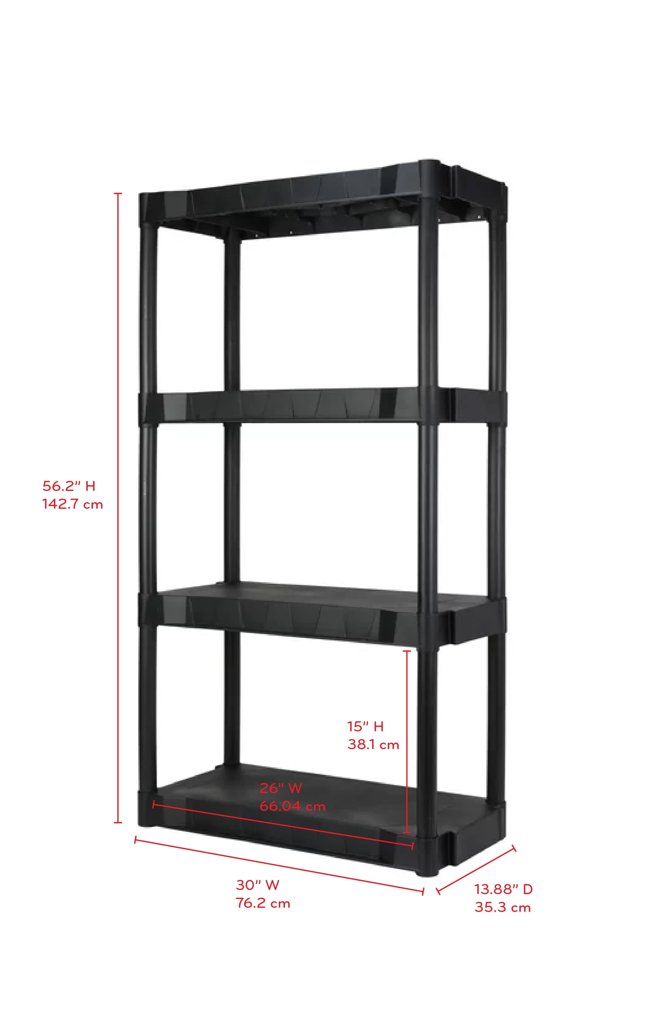Black Plastic 4-Tier Shelving Unit, 280 lb Capacity, 56.2x30x13.8 Inches - Image 2