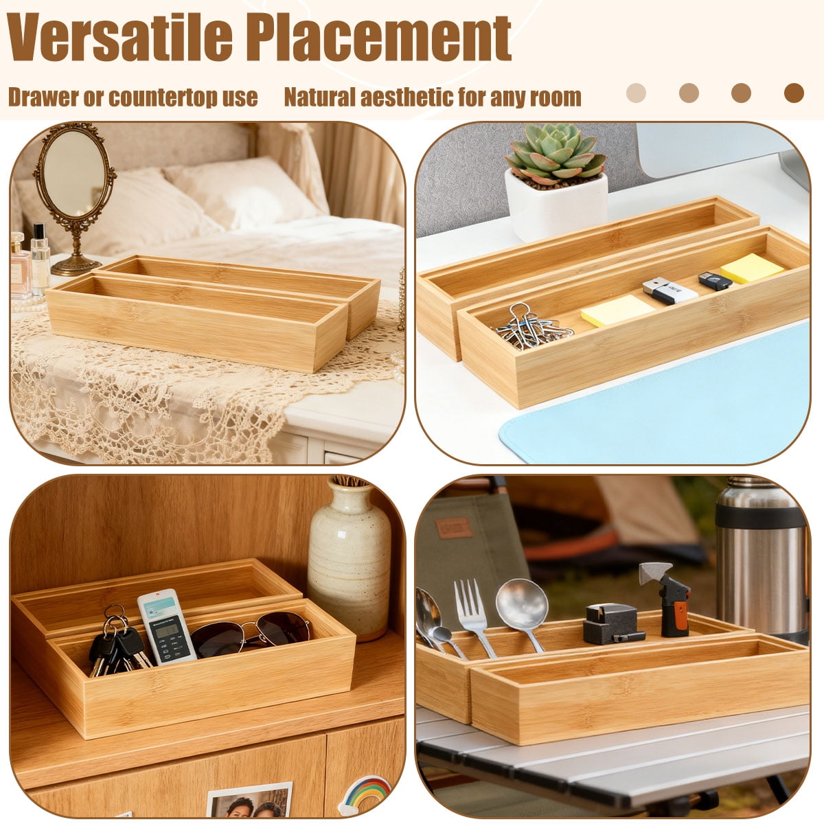 Bamboo Drawer Organizers - 12x3x2 Inch Stackable Cutlery Trays for Kitchen,Bathroom,and Office Storage,2 Pcs - Image 4