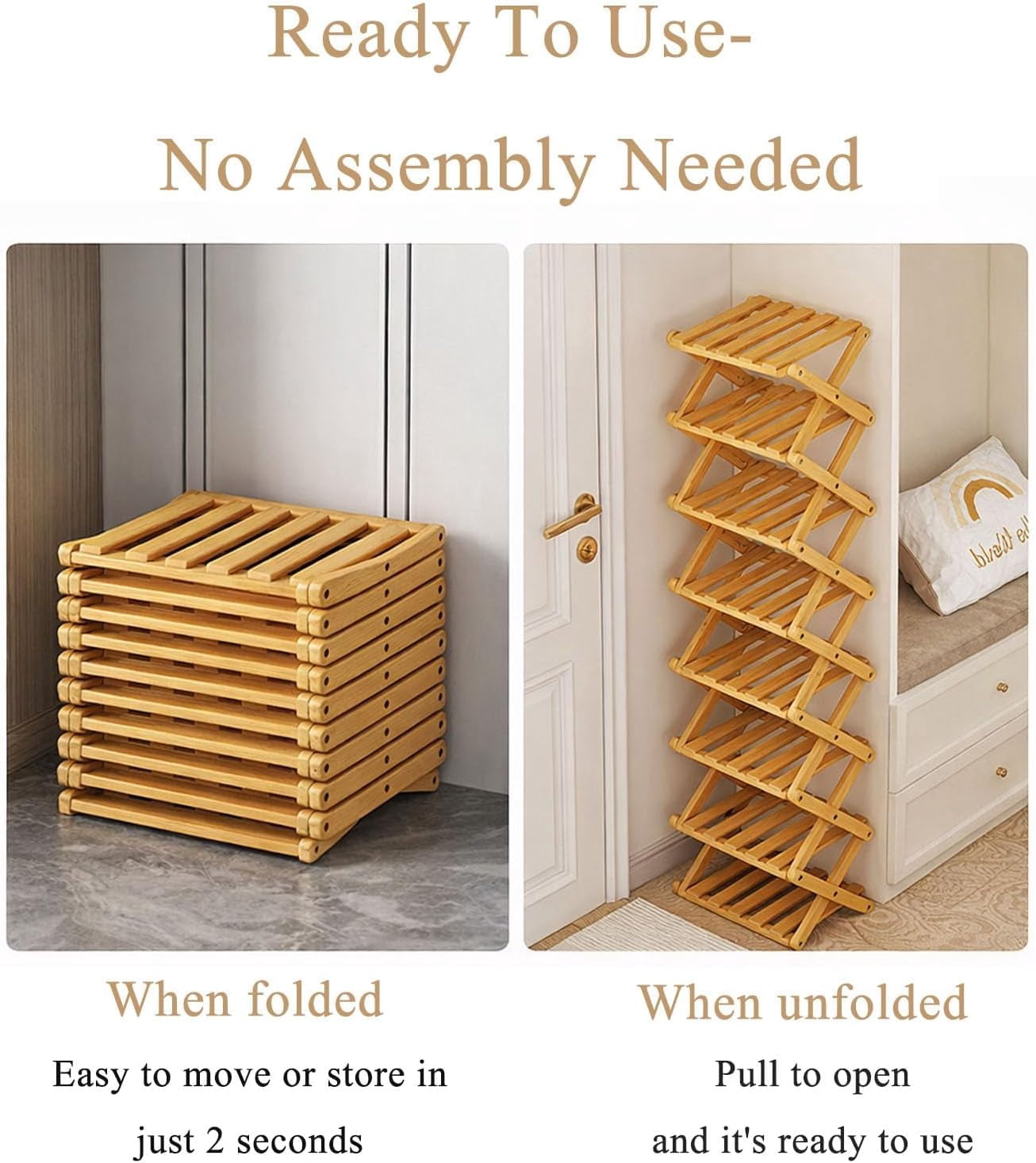 The 9-Tier No-Assembly Bamboo Rack, 2026 Upgraded Foldable 9 Tier Bamboo Corner Shoe Rack, Space-Saving Organizer for Shoes, No Assembly Nar - Image 5