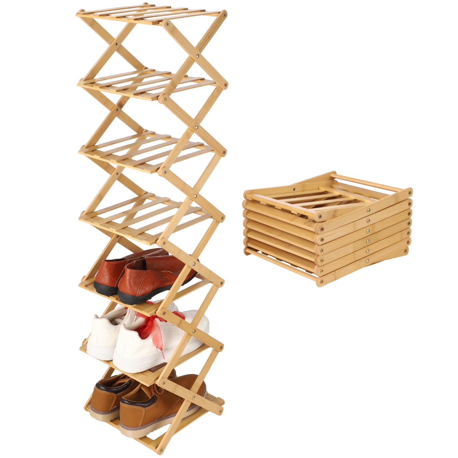 7 Tier Wooden Vertical Shoe Rack, Folding Narrow Shoe Organizer, Standing Portable Shoe Storage Shelf for Entryway, B...