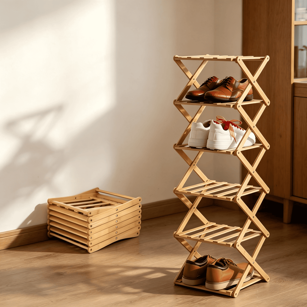 7 Tier Wooden Vertical Shoe Rack, Folding Narrow Shoe Organizer, Standing Portable Shoe Storage Shelf for Entryway, Bedroom, Living Room Cor