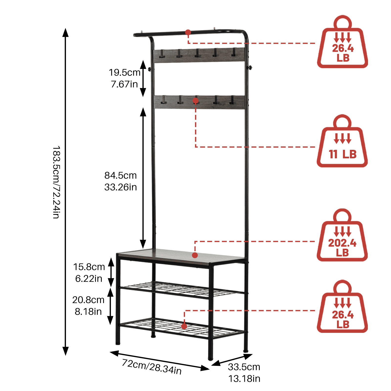 ZIVACATE Coat Rack, Hall Tree with Shoe Storage Bench, Entryway Bench with Shoe Storage, 4-in-1, Steel Frame, for Entryway, 28.35 x 13.27 x - Image 3