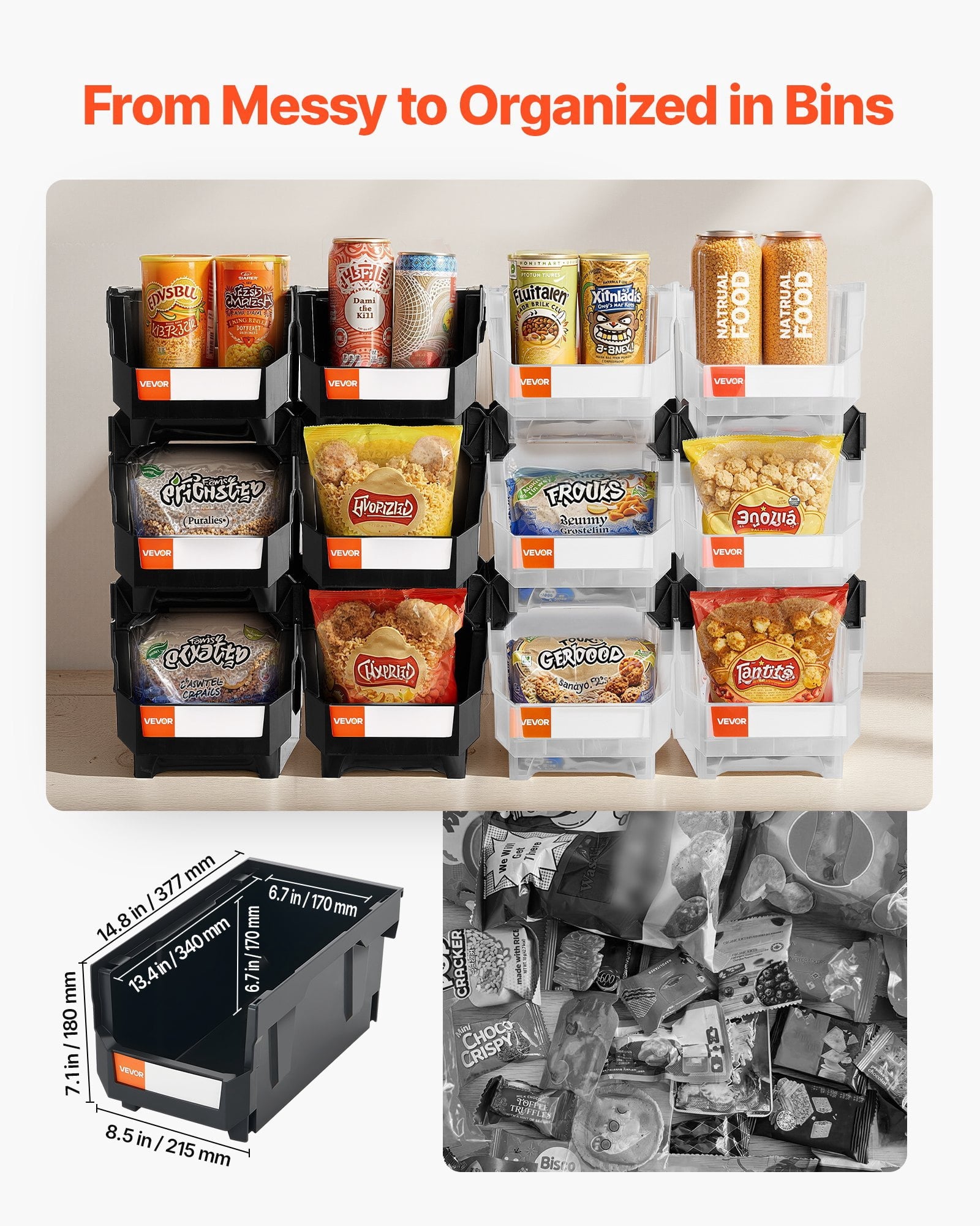 VEVOR Plastic Stackable Storage Bins, 14.8 x 8.5 x 7.1 inch (12 Pack), Plastic Containers for Organizing & Storage Bins for Garage, Small Pa - Image 2