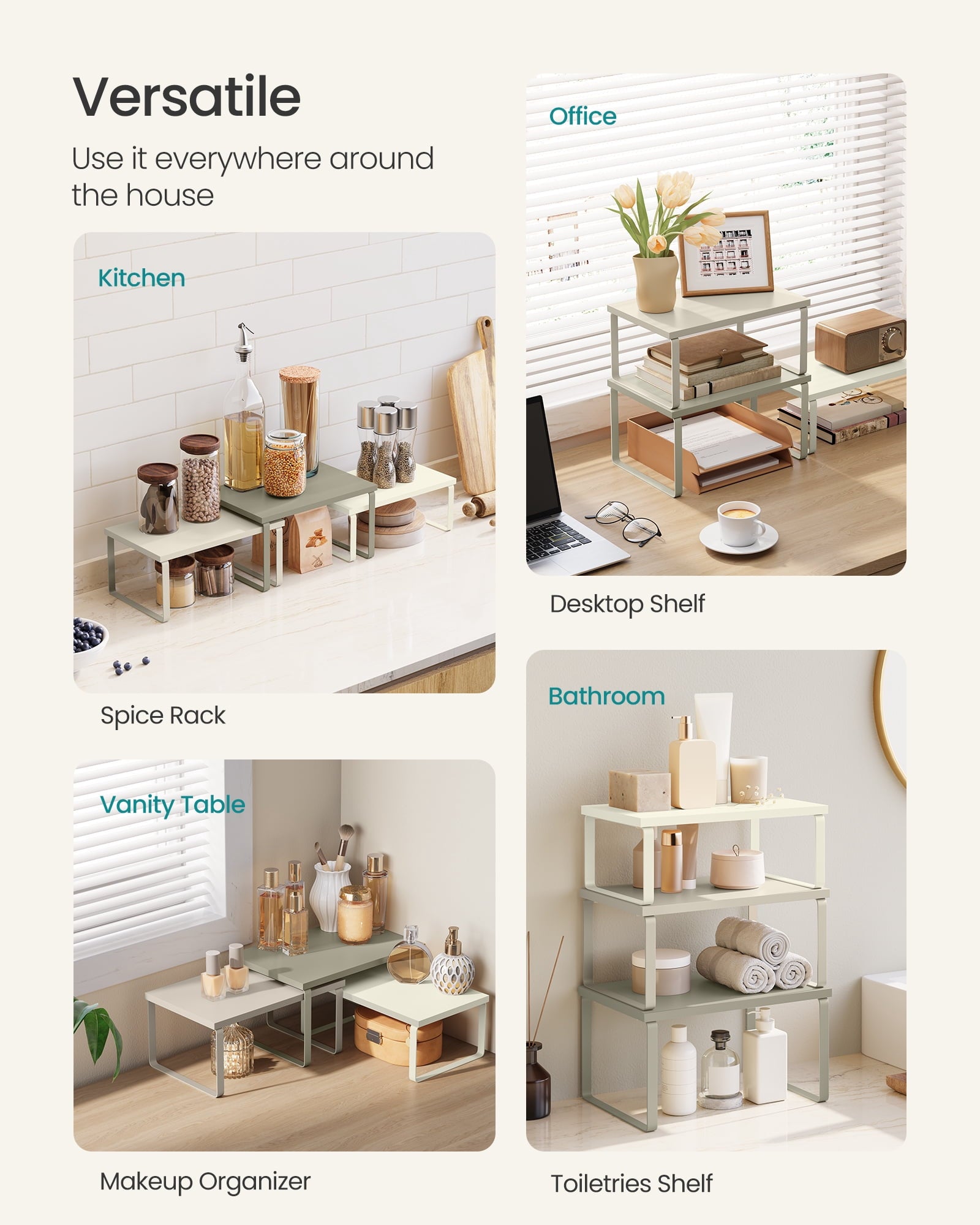 Cabinet Organizer Shelf, Set of 3 Kitchen Counter Shelves, Kitchen Storage, Stackable, Expandable, Metal and Bamboo, ... - Image 5