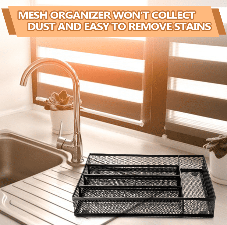 Black Kitchen Drawer Organizer, Walchoice Metal Mesh Silverware Organizer, Cutlery Holder Tray for Kitchen Drawers, 5 Compartment - 12.5 x 9 - Image 3