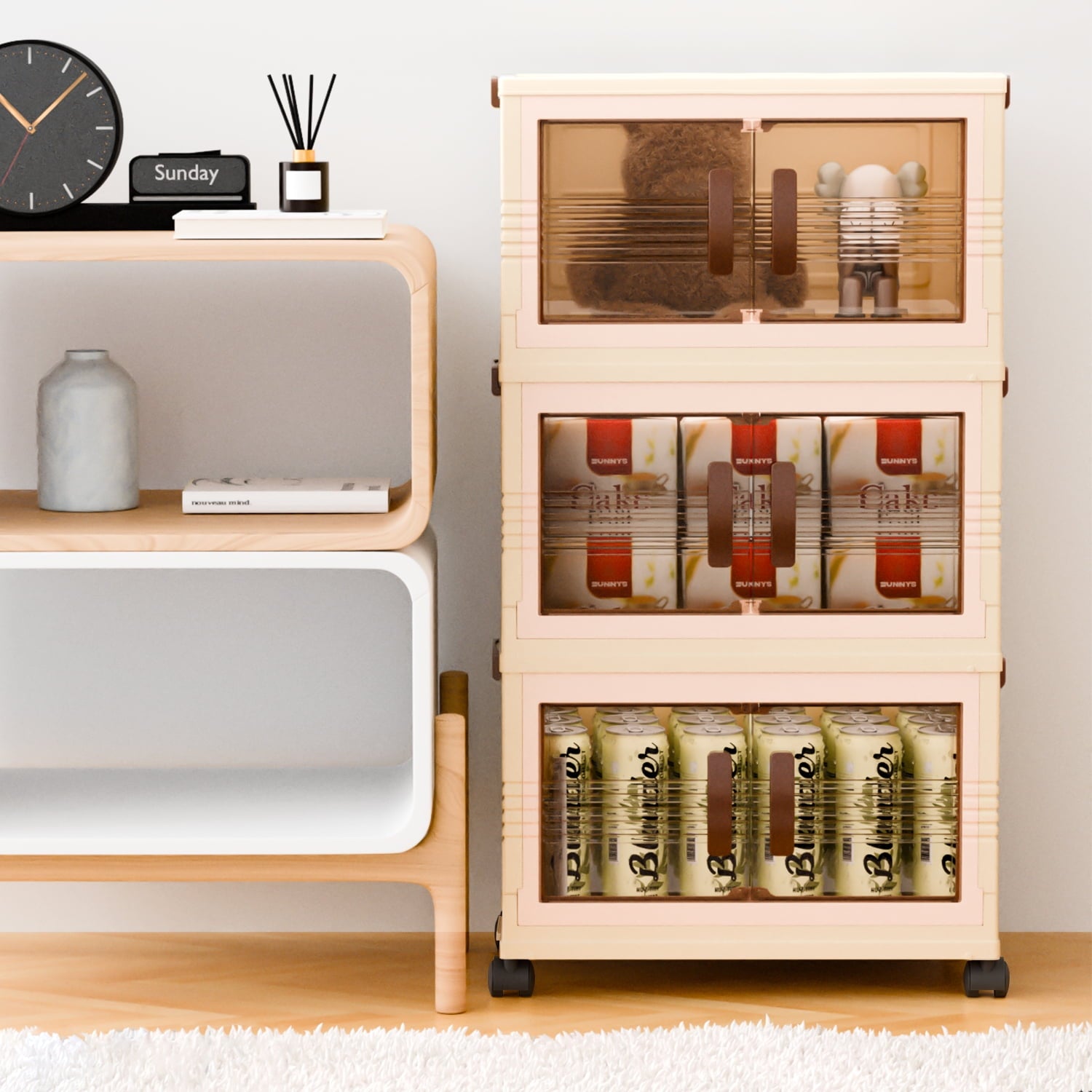 TINANA Plastic Storage Bins with Lids, 4 Tier 124QT Stackable Storage Containers with Wheels, Folding Closet Organizers for Living Room, Off - Image 2