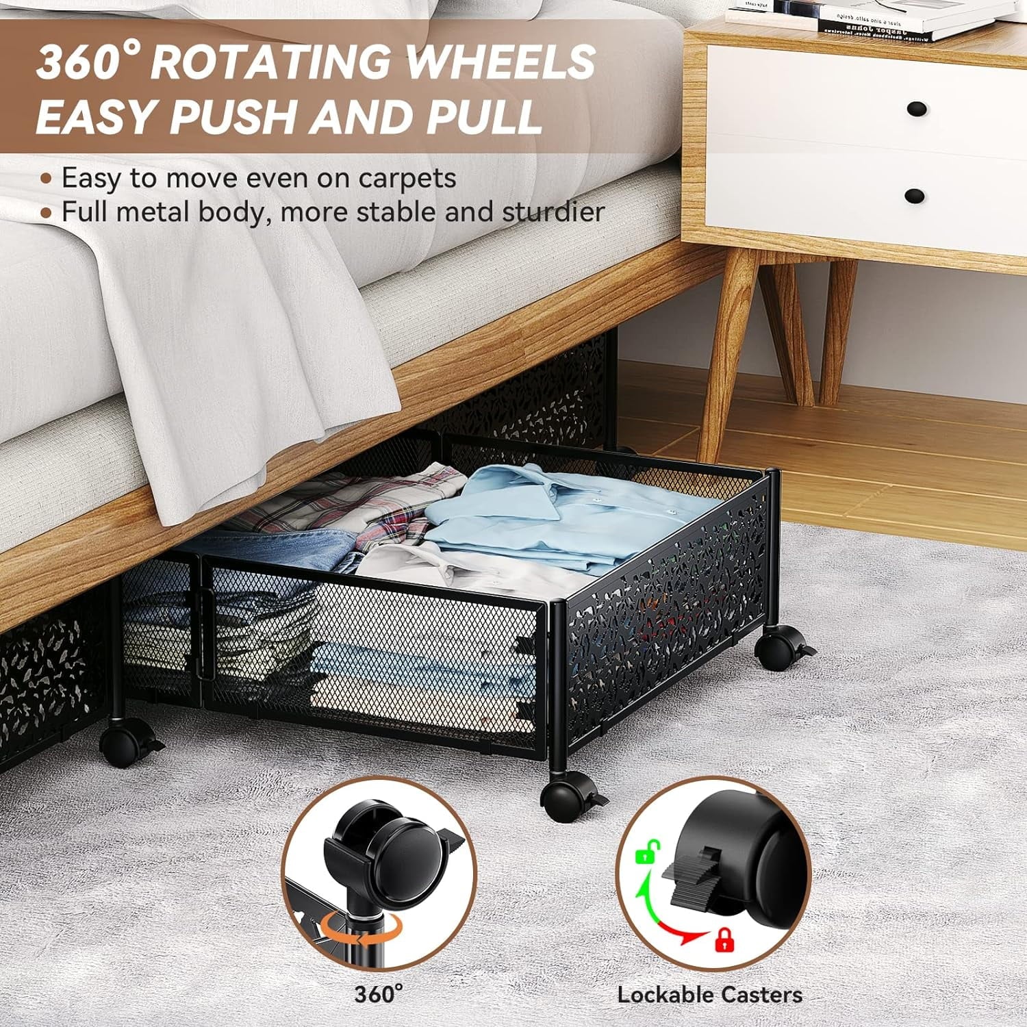 Flycity 2 Pack Foldable Under Bed Storage, Under the Bed Storage Containers with Wheels, Storage Organizer Bins for Bedroom Clothes Shoes Bl - Image 4
