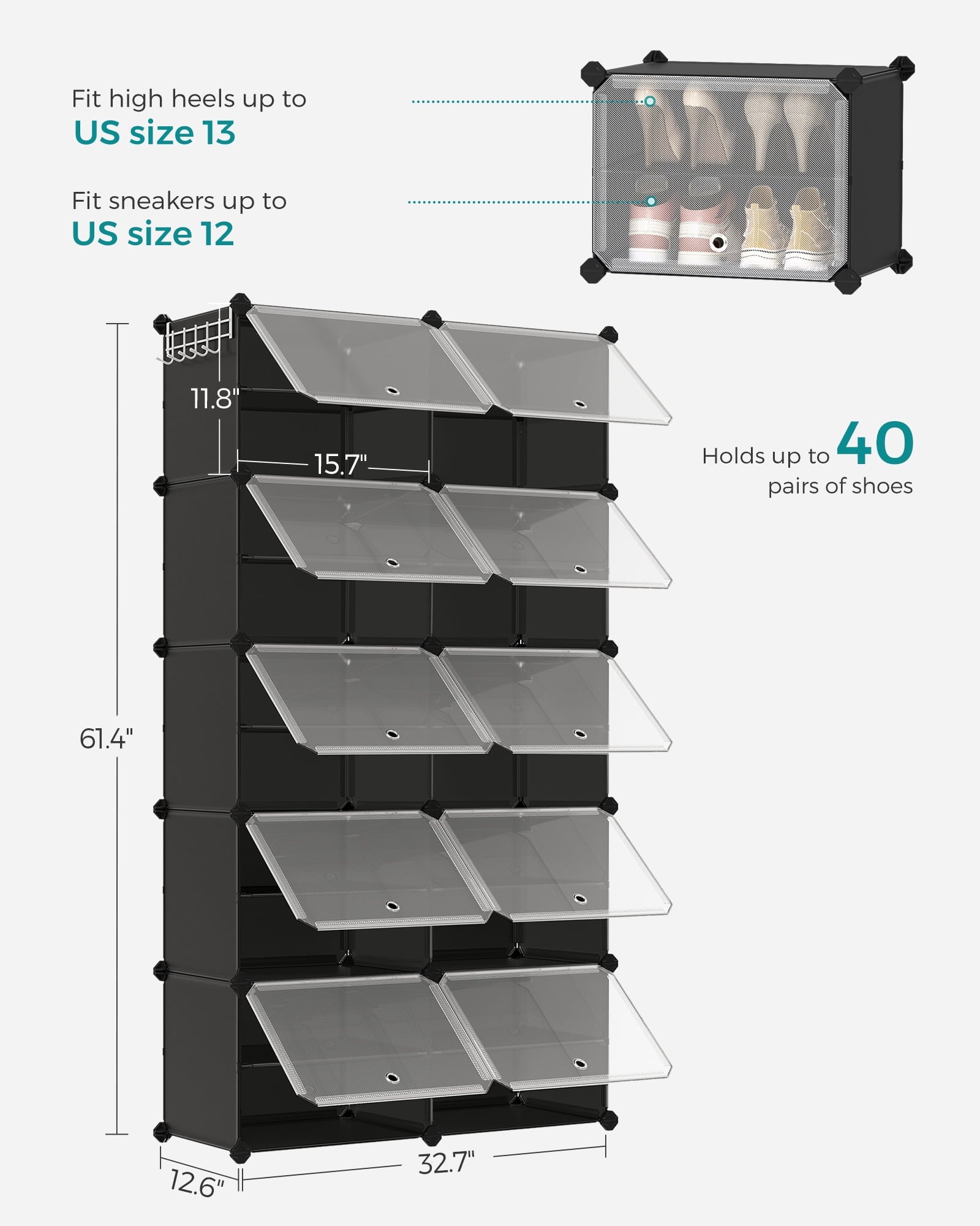 Organizer, 10-Tier Storage Cabinet for Closet and Entryway, Holds 40 Pairs of s, Adjustable, Ink Black and Trasparent - Image 2