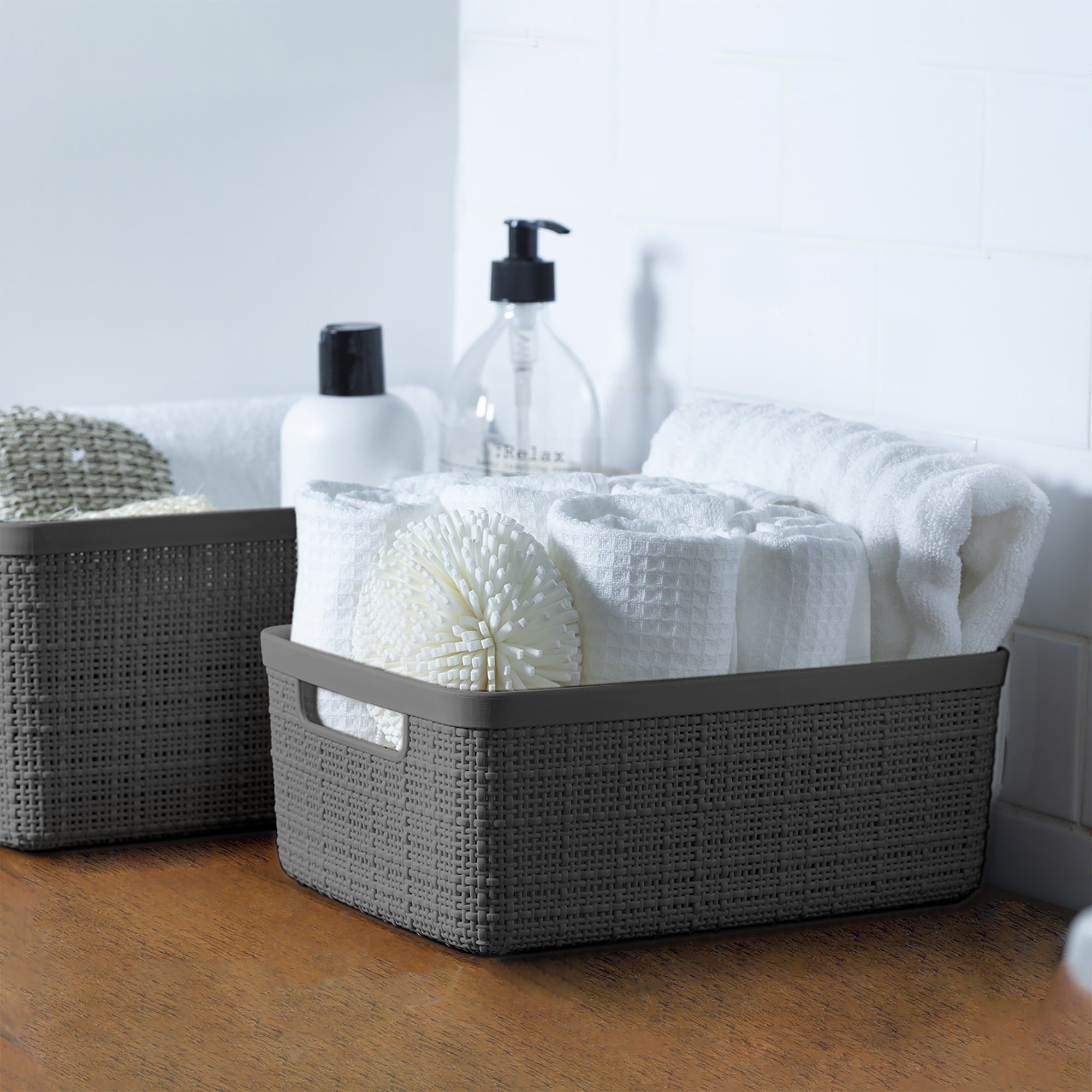 Jute Small Gray Plastic Decorative Storage Basket, 10.6 in x 7.8 in x 4.3 in - Image 2