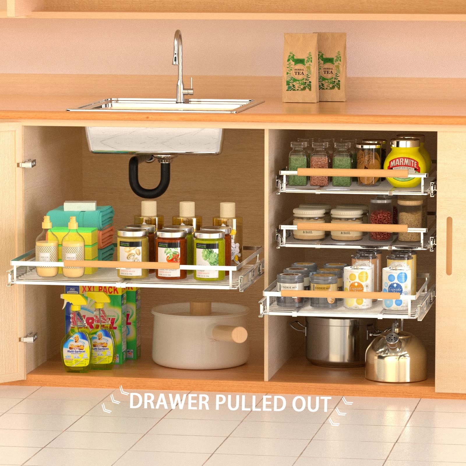 Pull Out Drawer Cabinet Organizer, Expandable Slide Out Storage Shelves - Heavy Duty, for Cabinets, Under Sink and Wa... - Image 4