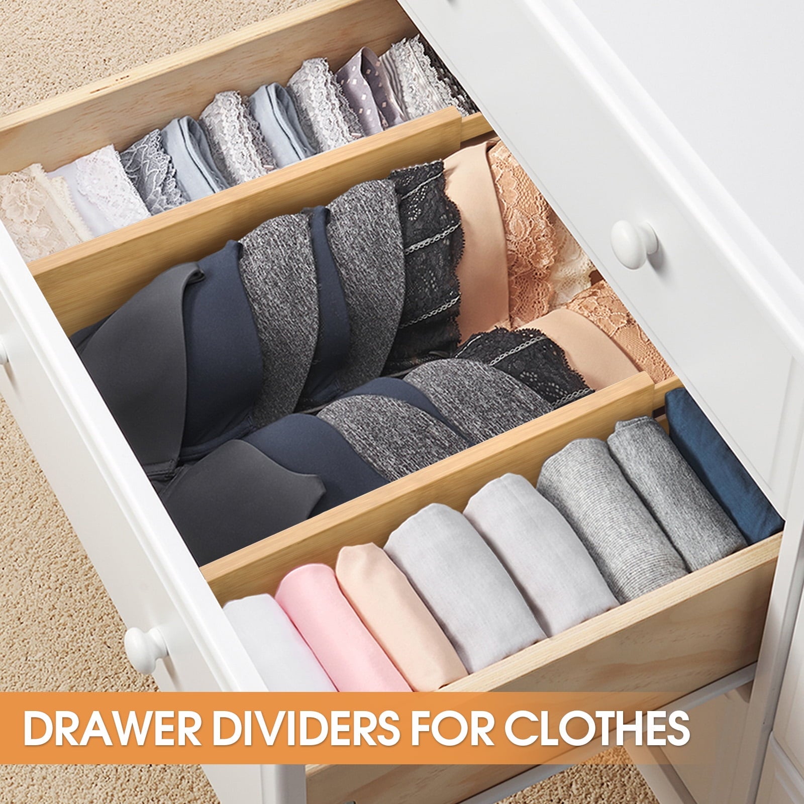 Bamboo Drawer Dividers,12-17" Adjustable Kitchen Drawer Organizer for Clothes,4 Pack Expandable Drawer Organization S... - Image 3