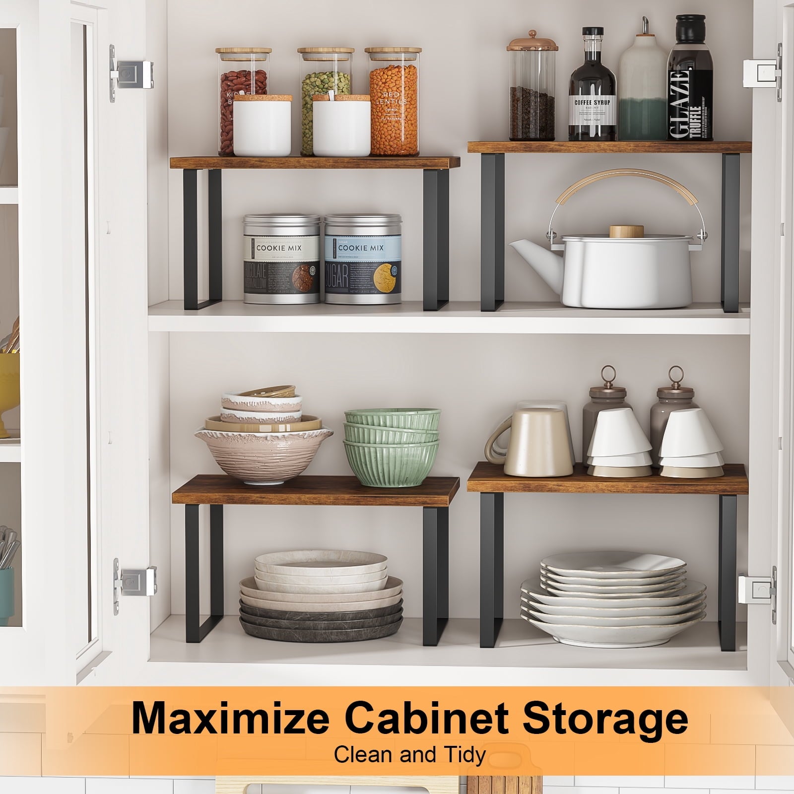Cabinet Organizer Shelf, Set of 2 Kitchen Counter Shelves, Spice Rack, Kitchen Storage for Pantry, Stackable and Expa... - Image 4
