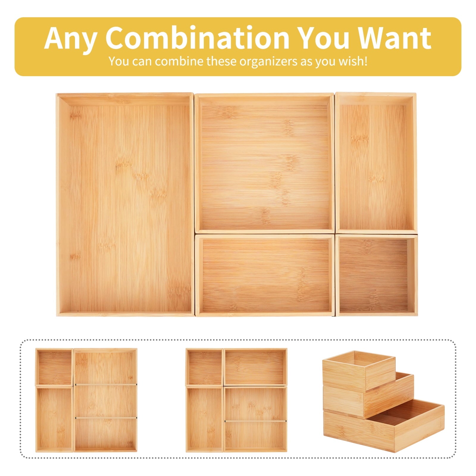 Bamboo Drawer Organizer with Adjustable Wood 2 Drawer Dividers, Stackable Makeup Desk Junk Storage Boxes Container Tr... - Image 5