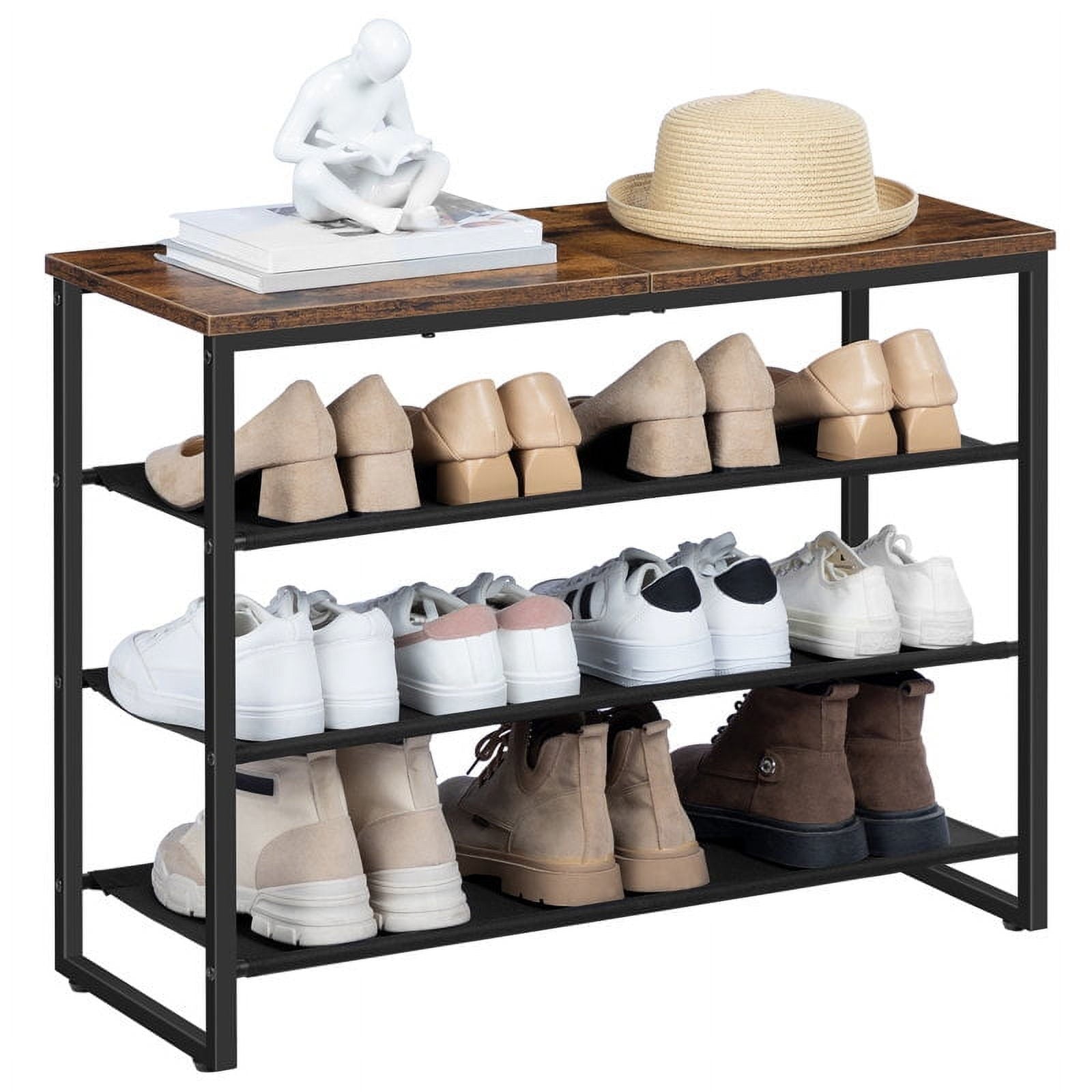 Shoe Rack 4 Tier Storage Organizer with 3 Oxford Fabric Shelves Entryway Closet Industrial Rustic Brown - Image 2