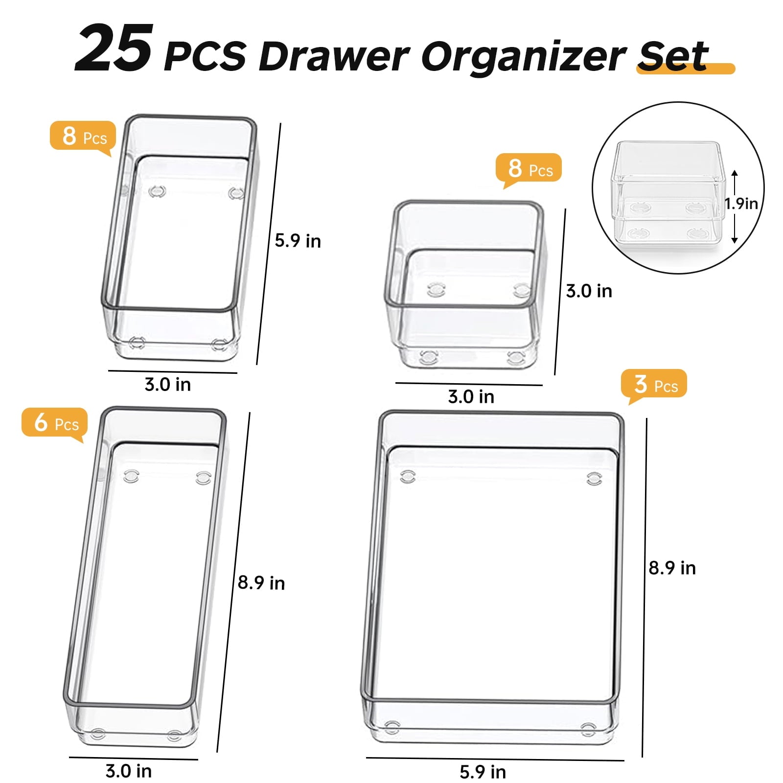 Clear Plastic Drawer Organizers Set of 25, 4-Size Versatile kitchen utensil drawer organizer Non Slip Storage Bins fo... - Image 2
