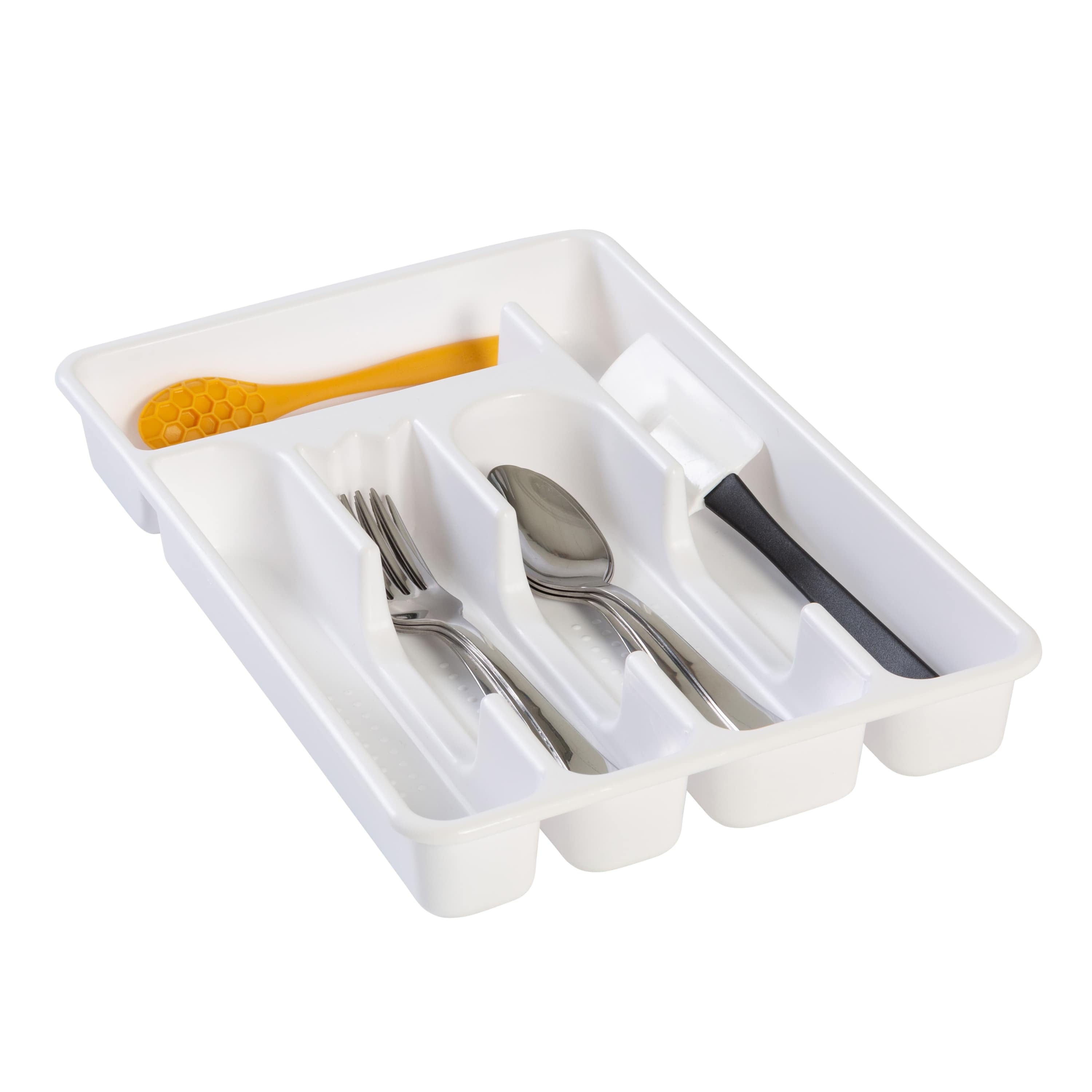 Mainstays Plastic 5-Compartment Kitchen Drawer Organizer Tray, Silverware and Utensil Organizer for Cutlery and Flatware Storage, White, 9" - Image 4