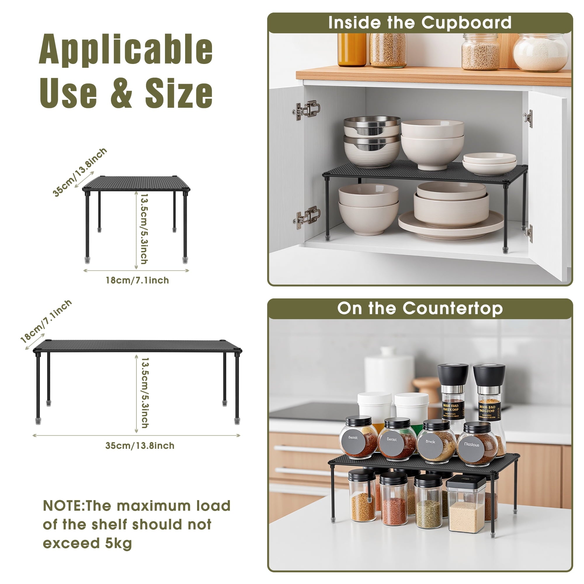 Cabinet Organizers Shelf, Kitchen Stackable Storage Rack for Spice, Plate, Black, 2 Count - Image 3